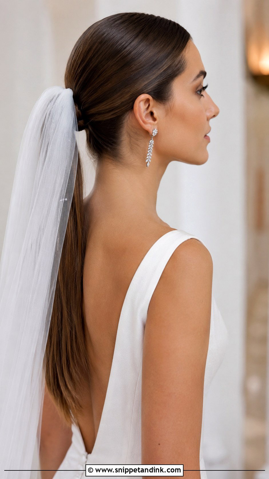 Sleek Ponytail With Veil - Snippet and Ink - 30 Pony Tailed Wedding Hairstyle Ideas