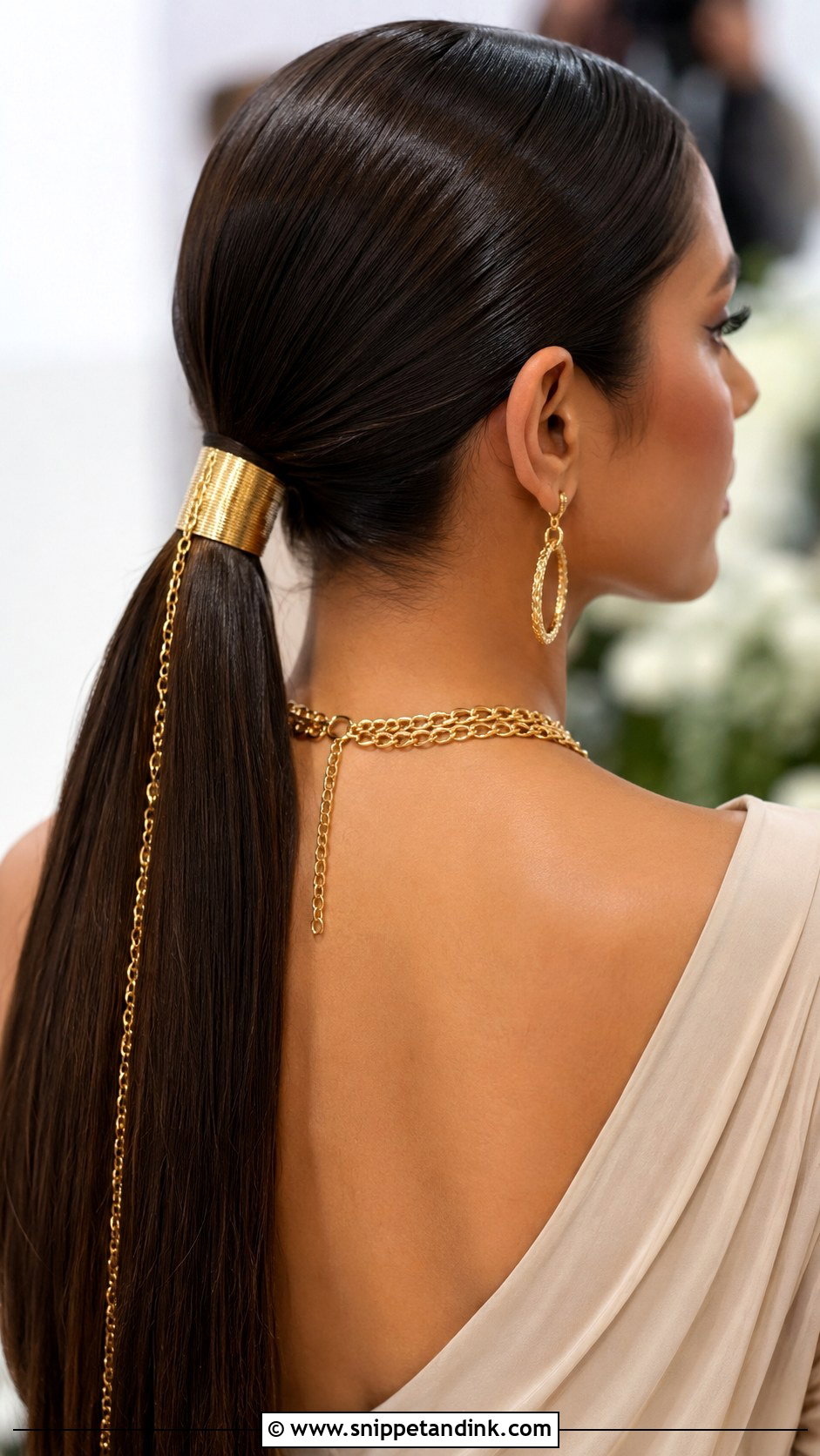 Sleek Ponytail with Gold Accessories - Snippet and Ink - 30 Bridal Ponytail Hairstyles
