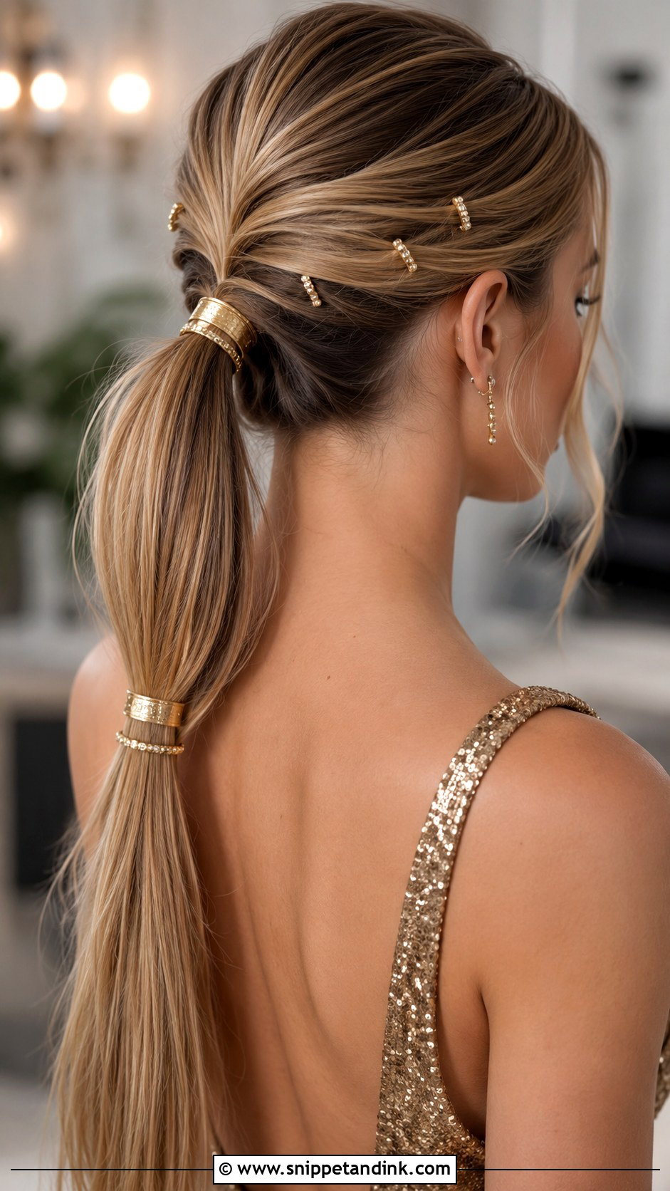 Sleek Ponytail with Gold Accessories - Snippet and Ink - 25 Wedding Guest Ponytail Hairstyles