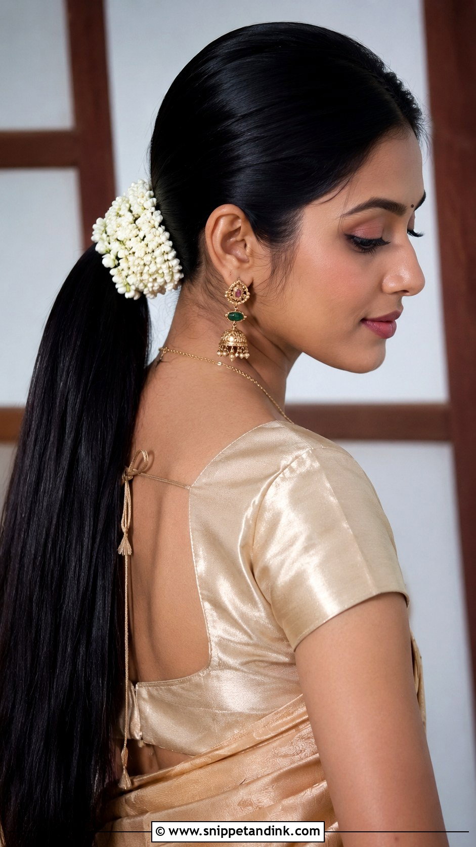 Sleek Ponytail with Jasmine - Snippet and Ink - 25 Kerala Hindu Bridal Hairstyles