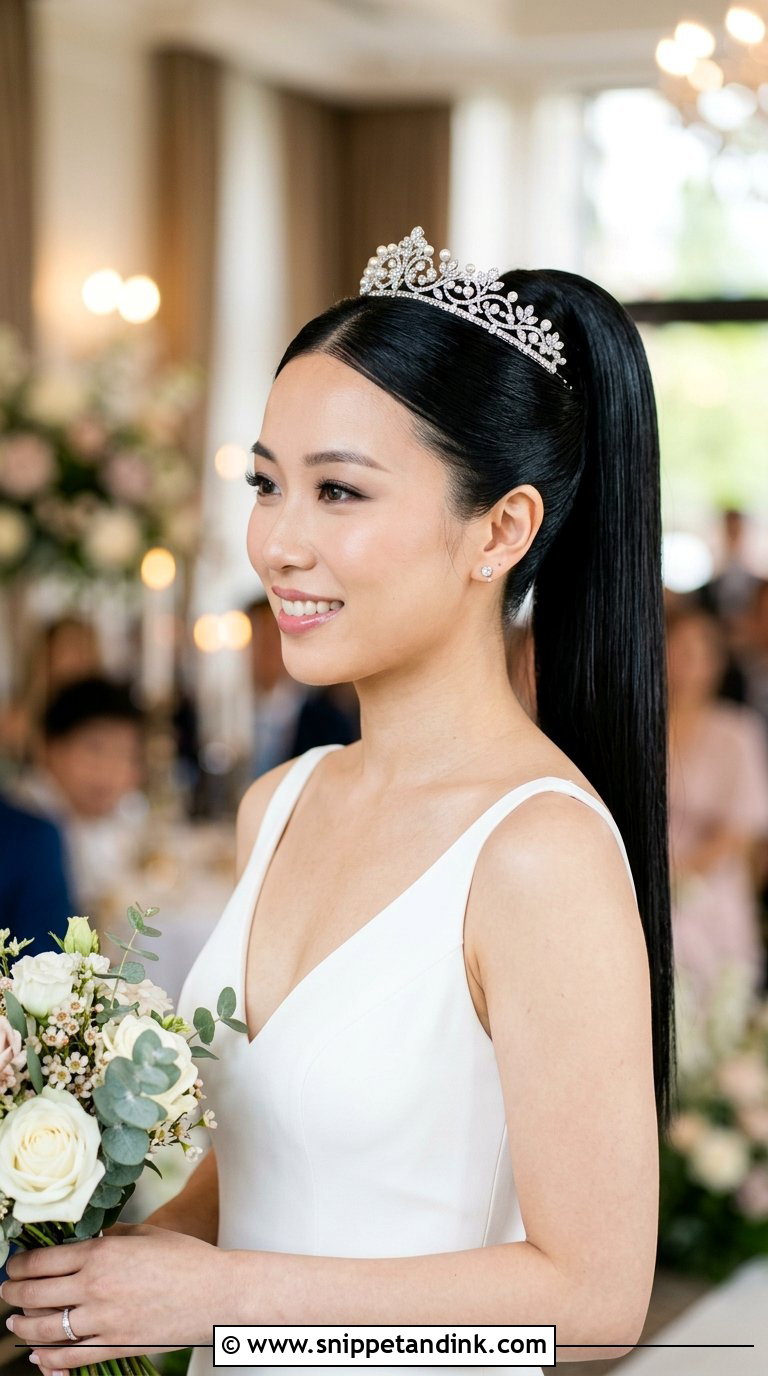 Sleek Ponytail with Tiara - Snippet and Ink - 20 Bridal Hair with Crown Ideas