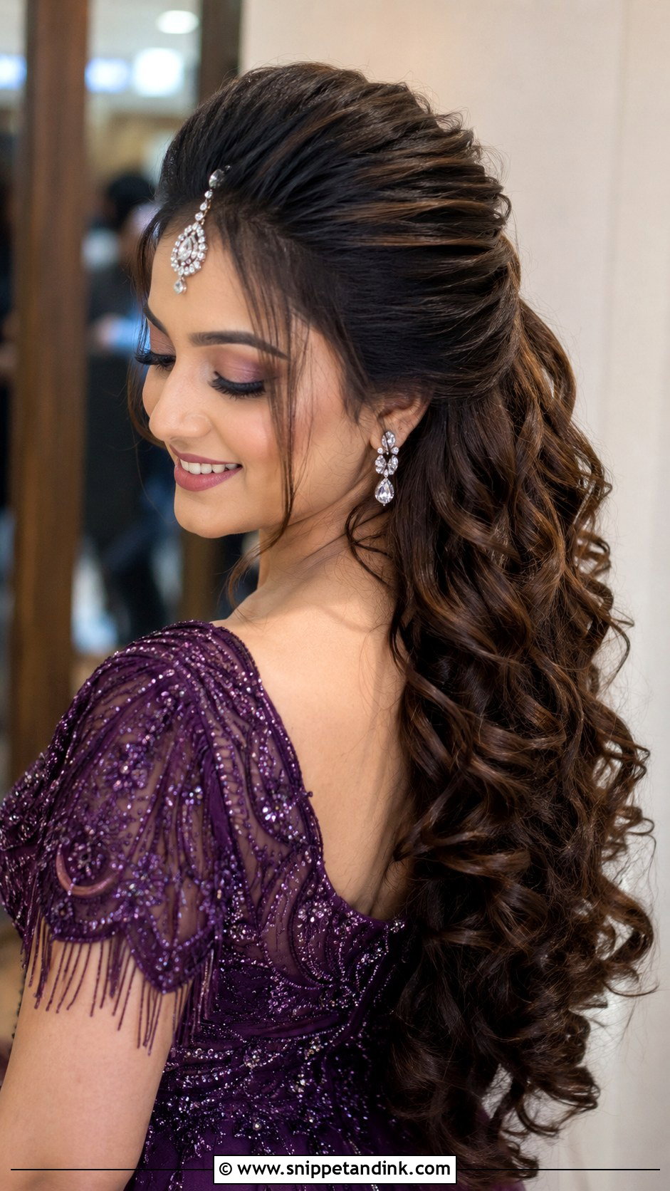 Sleek Puff With Loose Curls - Snippet and Ink - 25 Indian Wedding Hairstyle for Chubby Face Ideas