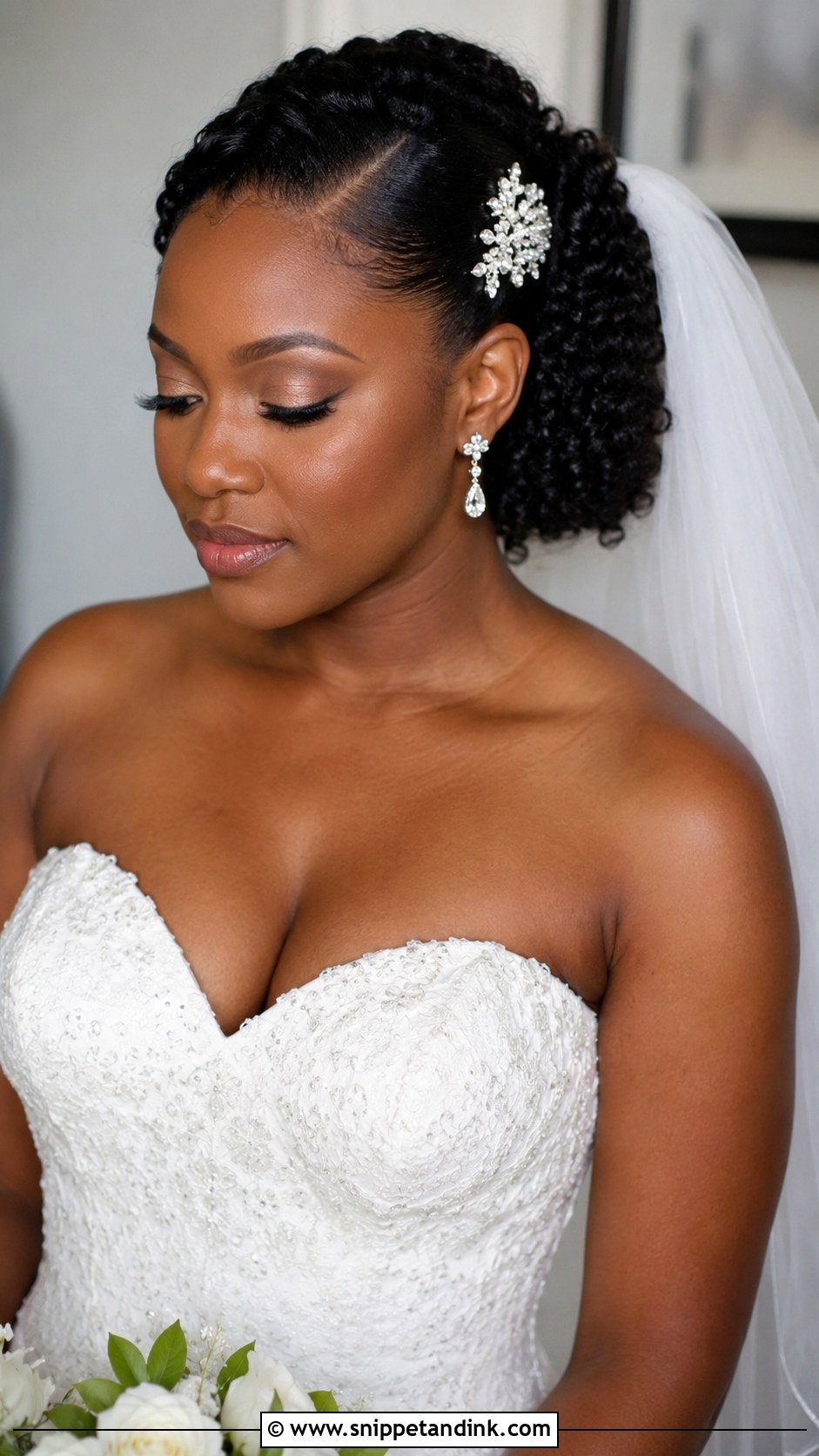 Sleek Pulled Back Curls With Veil - Snippet and Ink - 20 Afro Wedding Hair Ideas