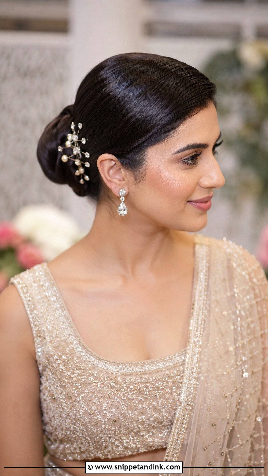 Sleek Reception Bun - Snippet and Ink - 15 Sleek Bun Indian Wedding Ideas