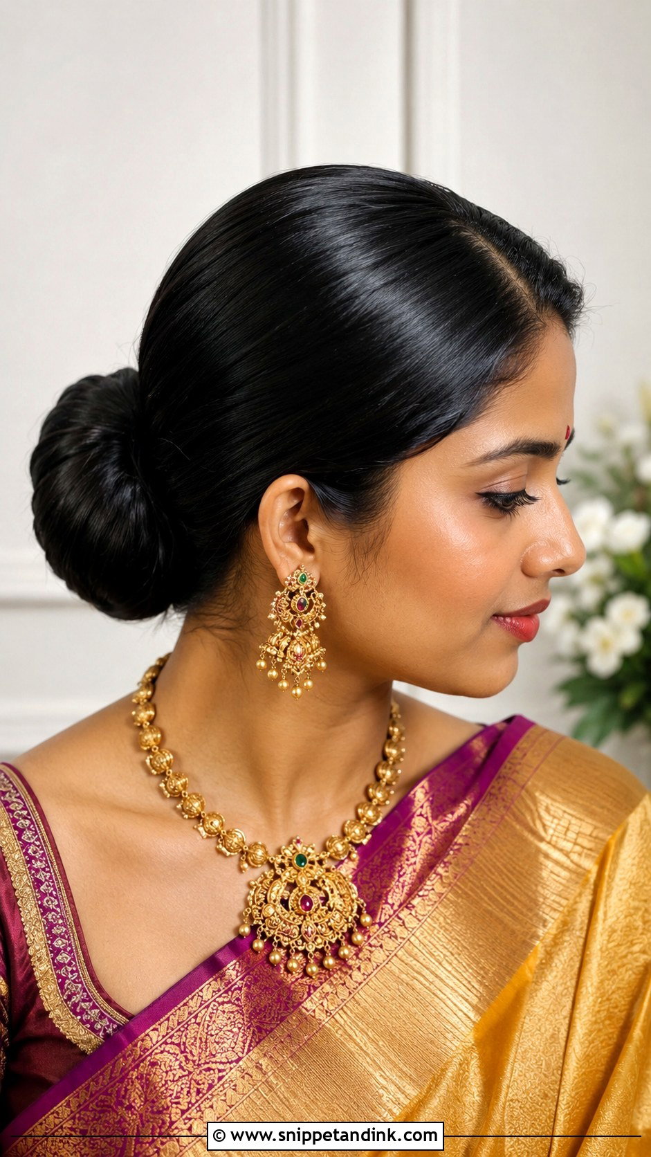 Sleek Side Part Bun For Saree - Snippet and Ink - 20 Side Partition Hairstyles Indian Wedding