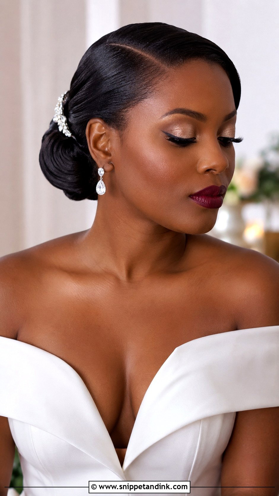 Sleek Side Parted Low Bun - Snippet and Ink - 20 Low Bun Wedding Hair Black Women Ideas
