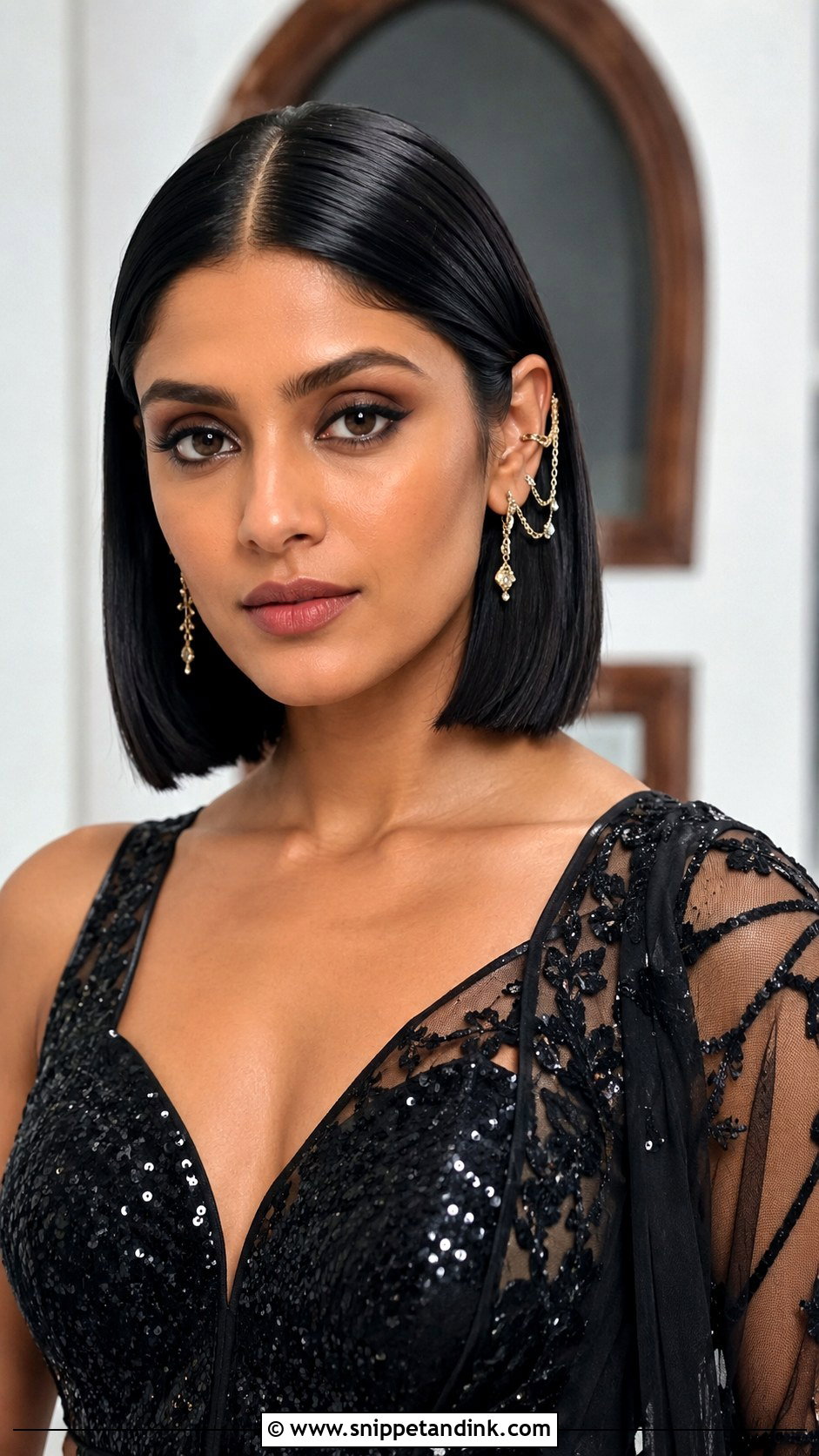 Sleek Straight Bob With Center Part - Snippet and Ink - 25 Indian Wedding Hairstyle for Short Hair Ideas