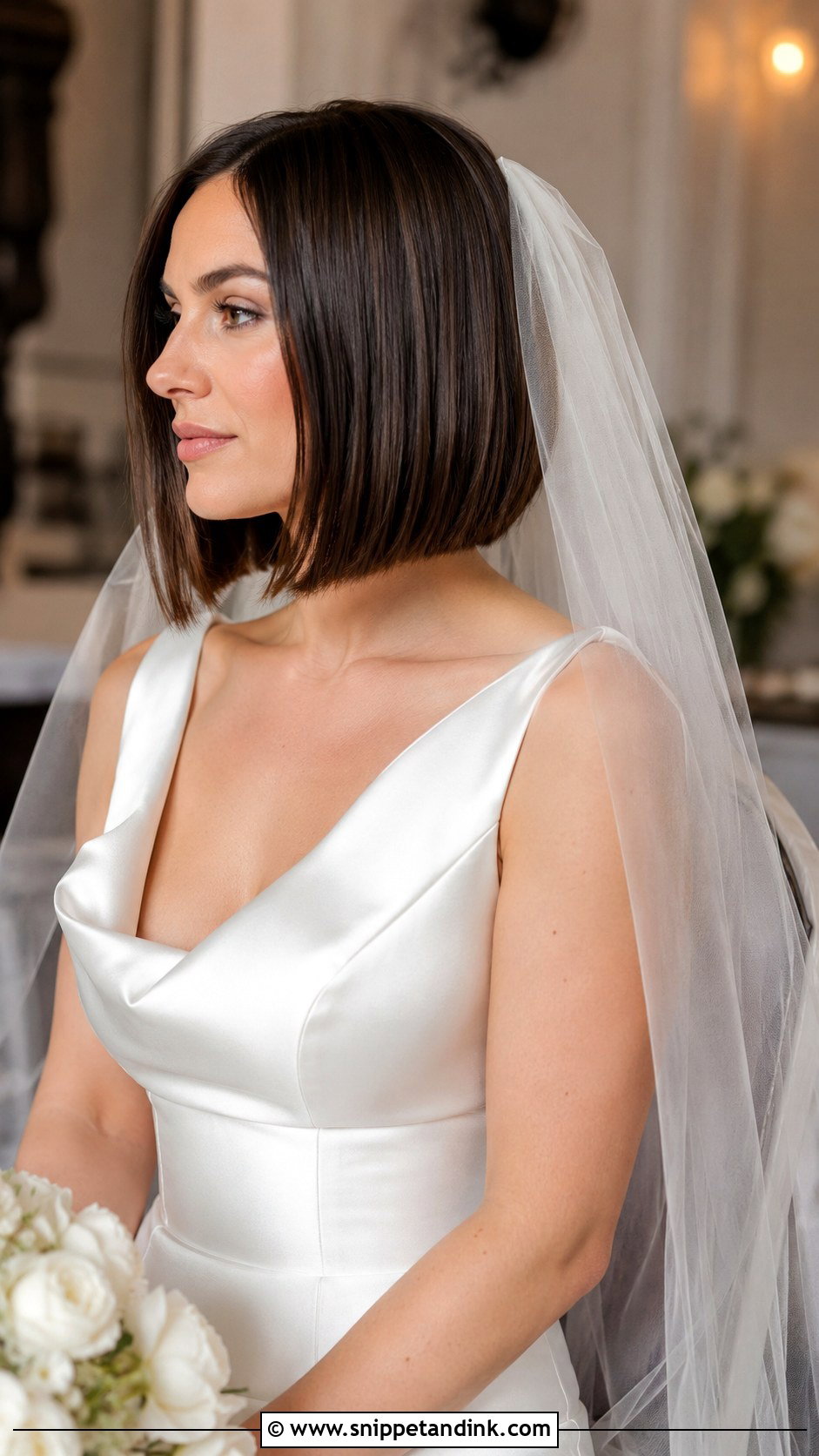 Sleek Straight Bob With Veil - Snippet and Ink - 30 Bob Wedding Hairstyles