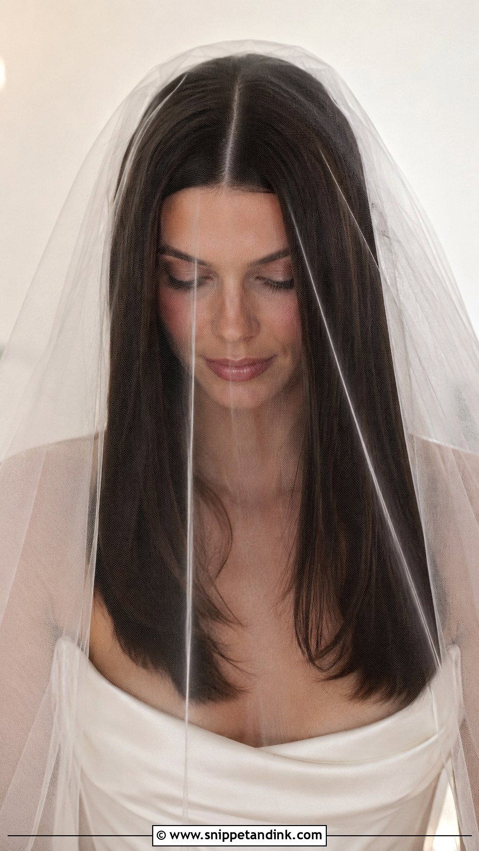 Sleek Straight Hair With Blusher Veil - Snippet and Ink - 25 Blusher Veil with Hair Down Ideas