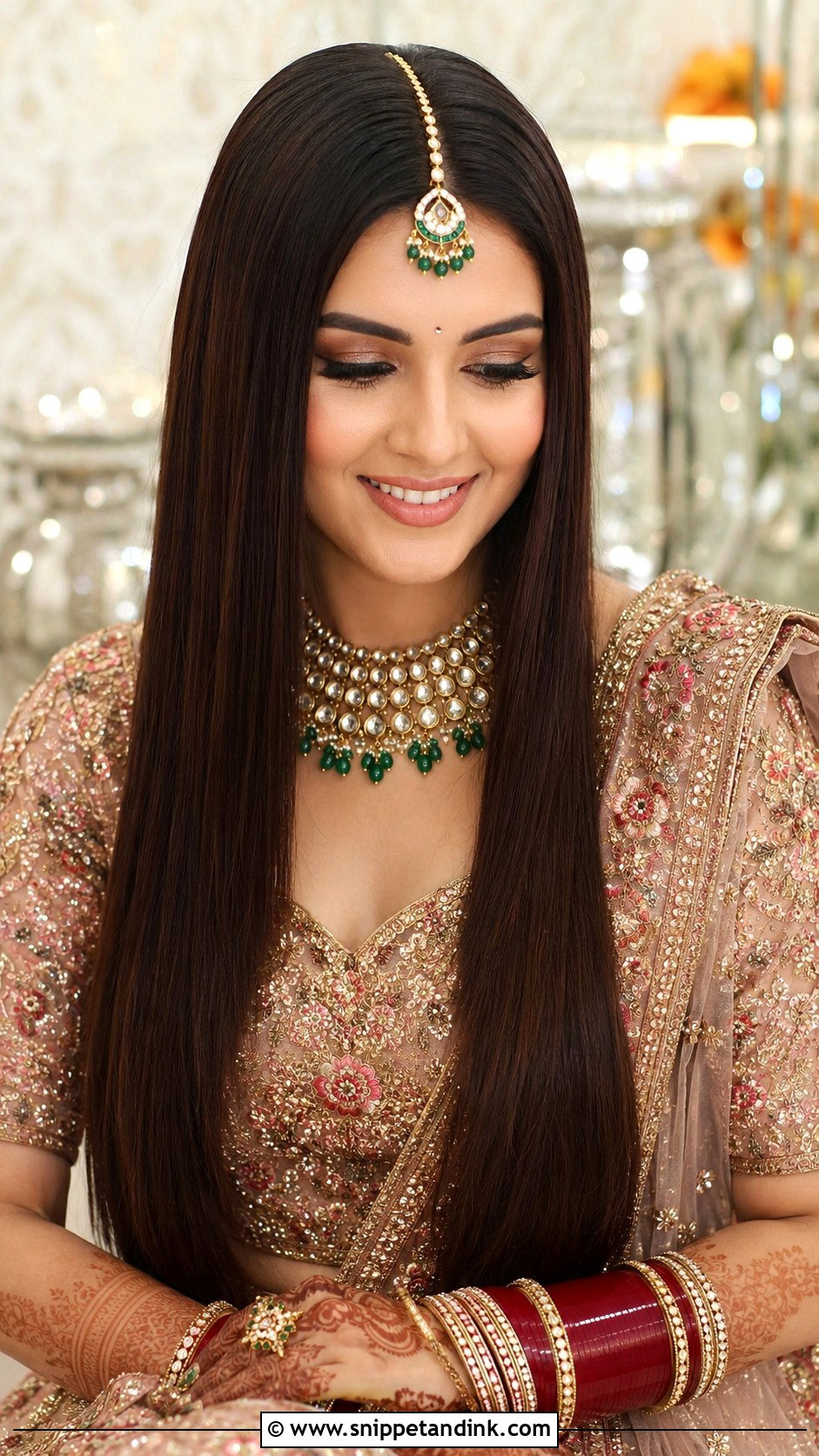 Sleek Straight Hair With Center Part - Snippet and Ink - 25 Indian Bridal Open Hairstyles