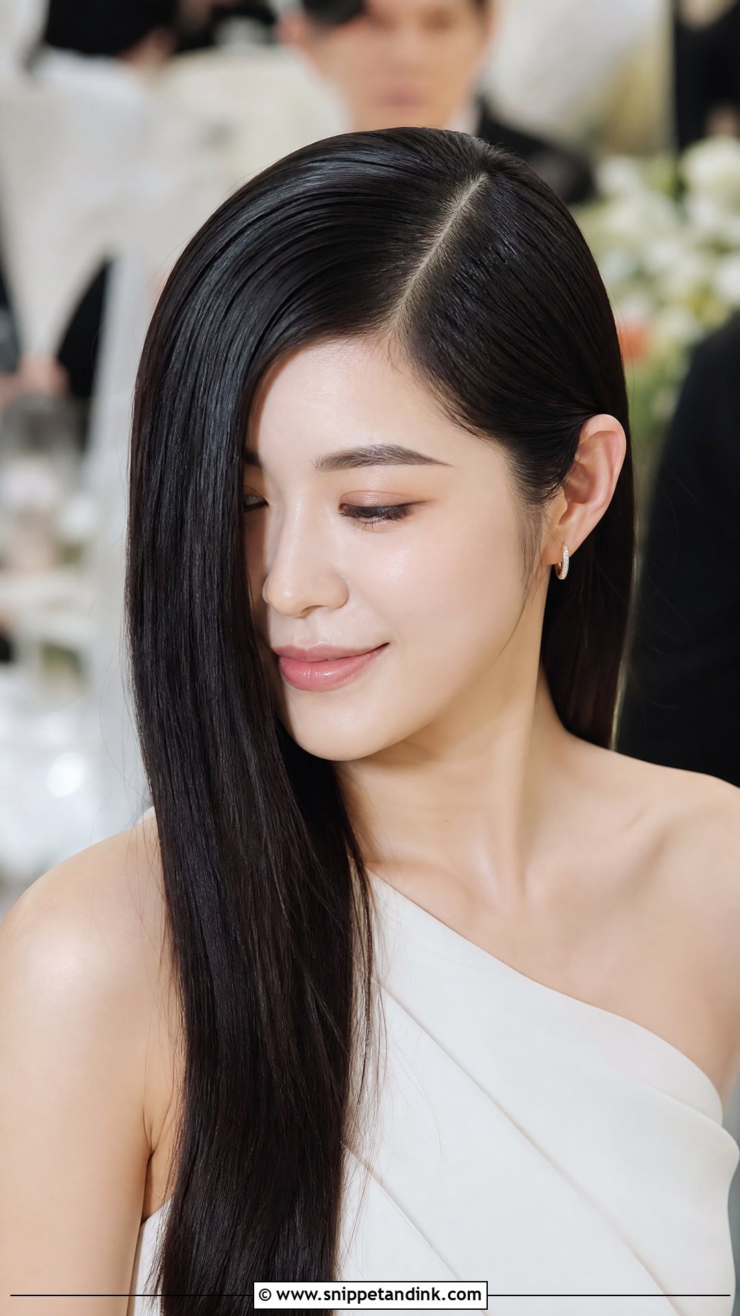Sleek Straight Hair With Deep Part - Snippet and Ink - 30 Elegant Hairstyles for Wedding Guest