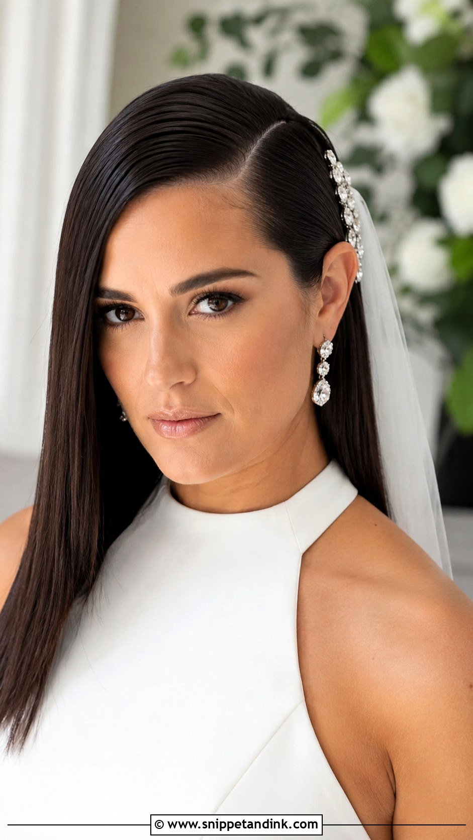 Sleek Straight Hair With Deep Side Part - Snippet and Ink - 20 Bridal Hairstyles Front Look