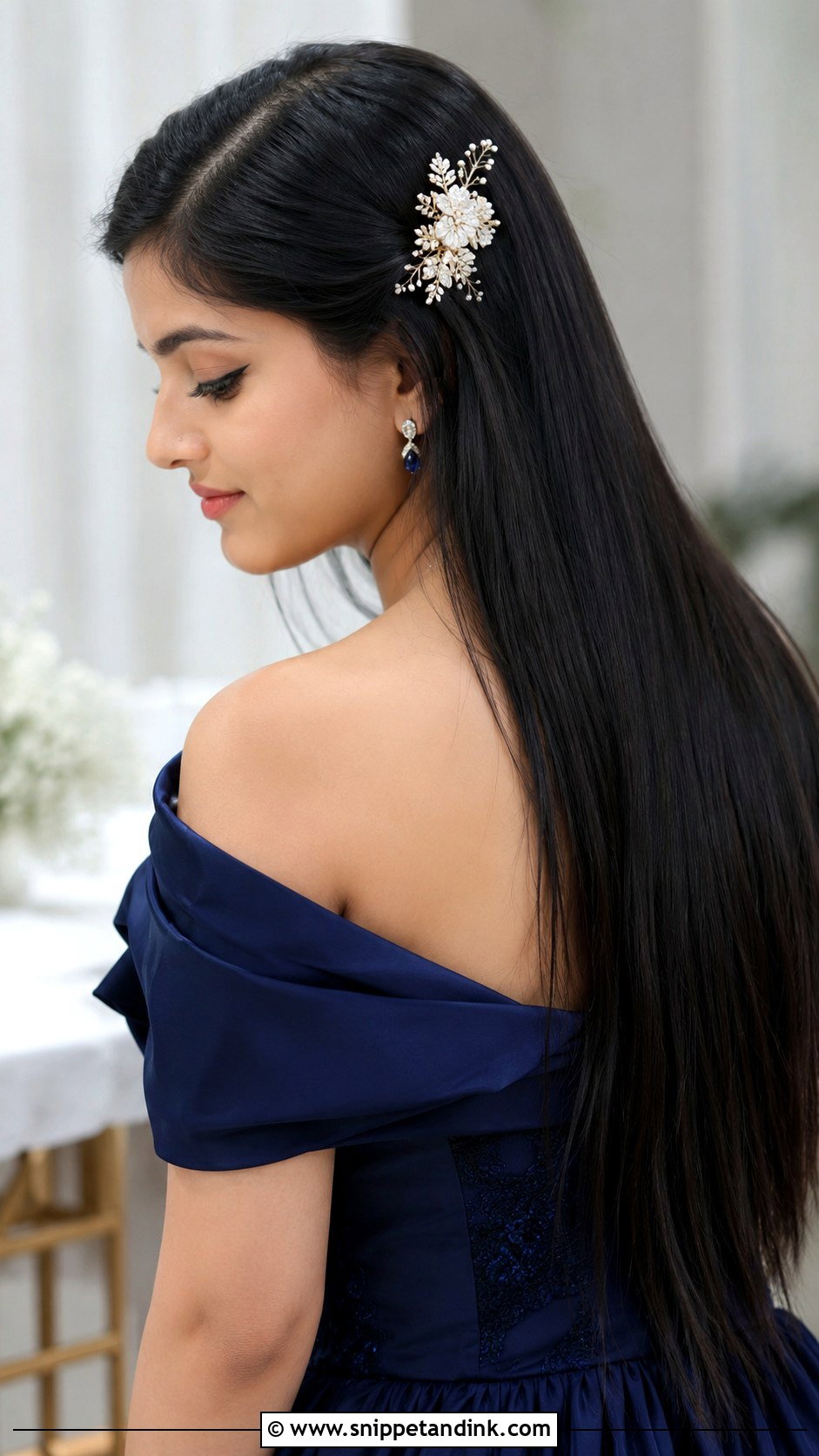 Sleek Straight Hair With Floral Pins - Snippet and Ink - 20 Indian Hairstyles for Marriage Function