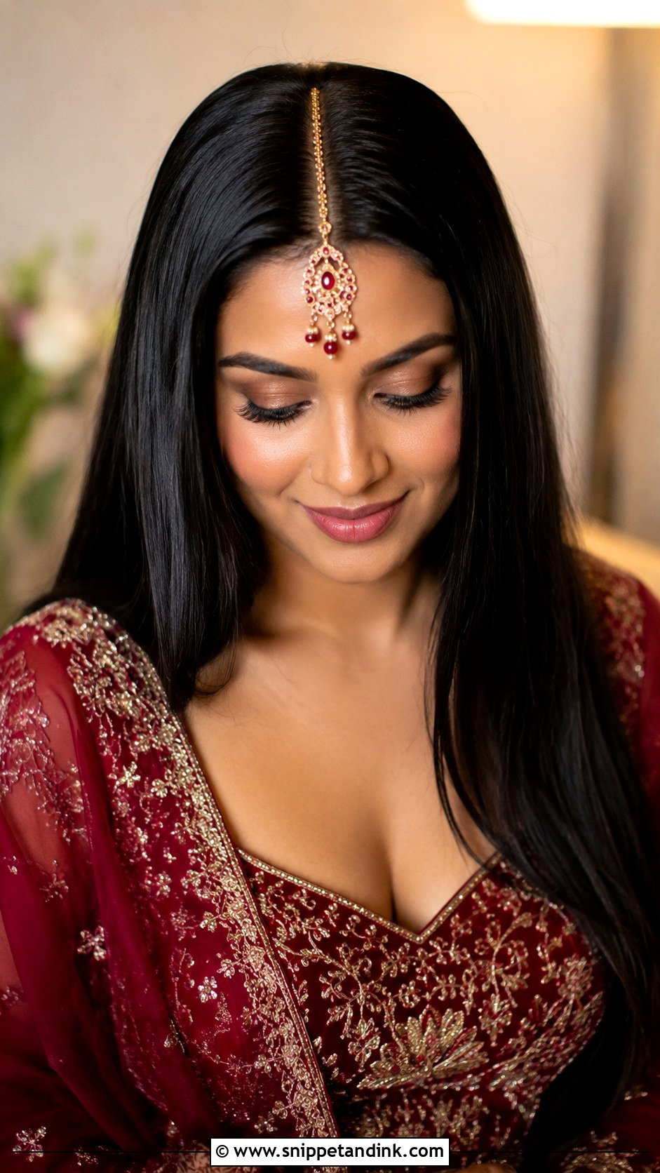 Sleek Straight Hair With Maang Tikka - Snippet and Ink - 25 Indian Weddings Bridal Hair Styles