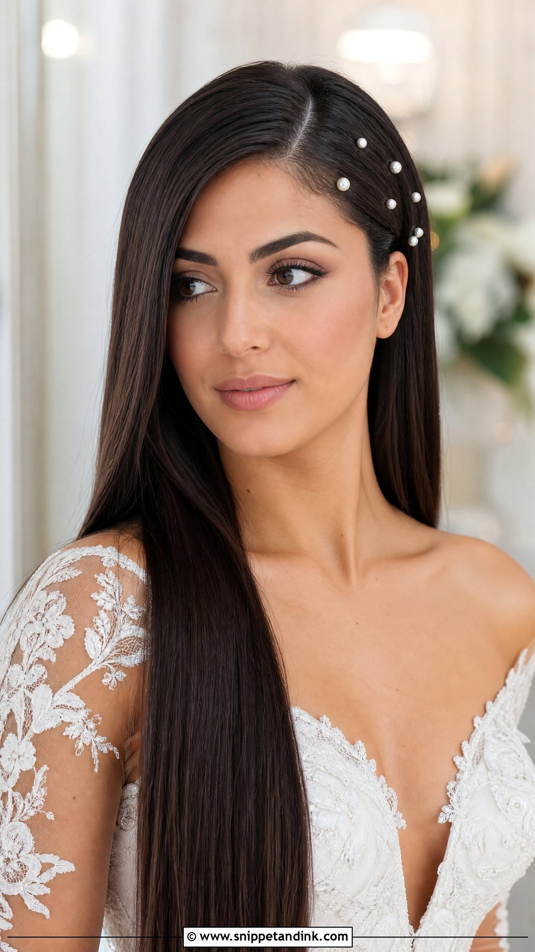 Sleek Straight Hair With Pearl Pins - Snippet and Ink - 20 Sleek Straight Wedding Hair Ideas