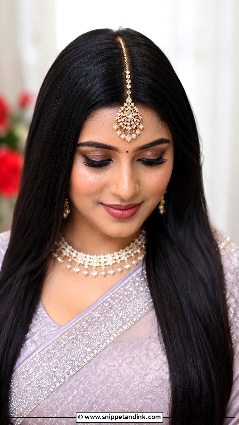 Sleek Straight Hair With Tikka - Snippet and Ink - 30 South Indian Bridal Hairstyles