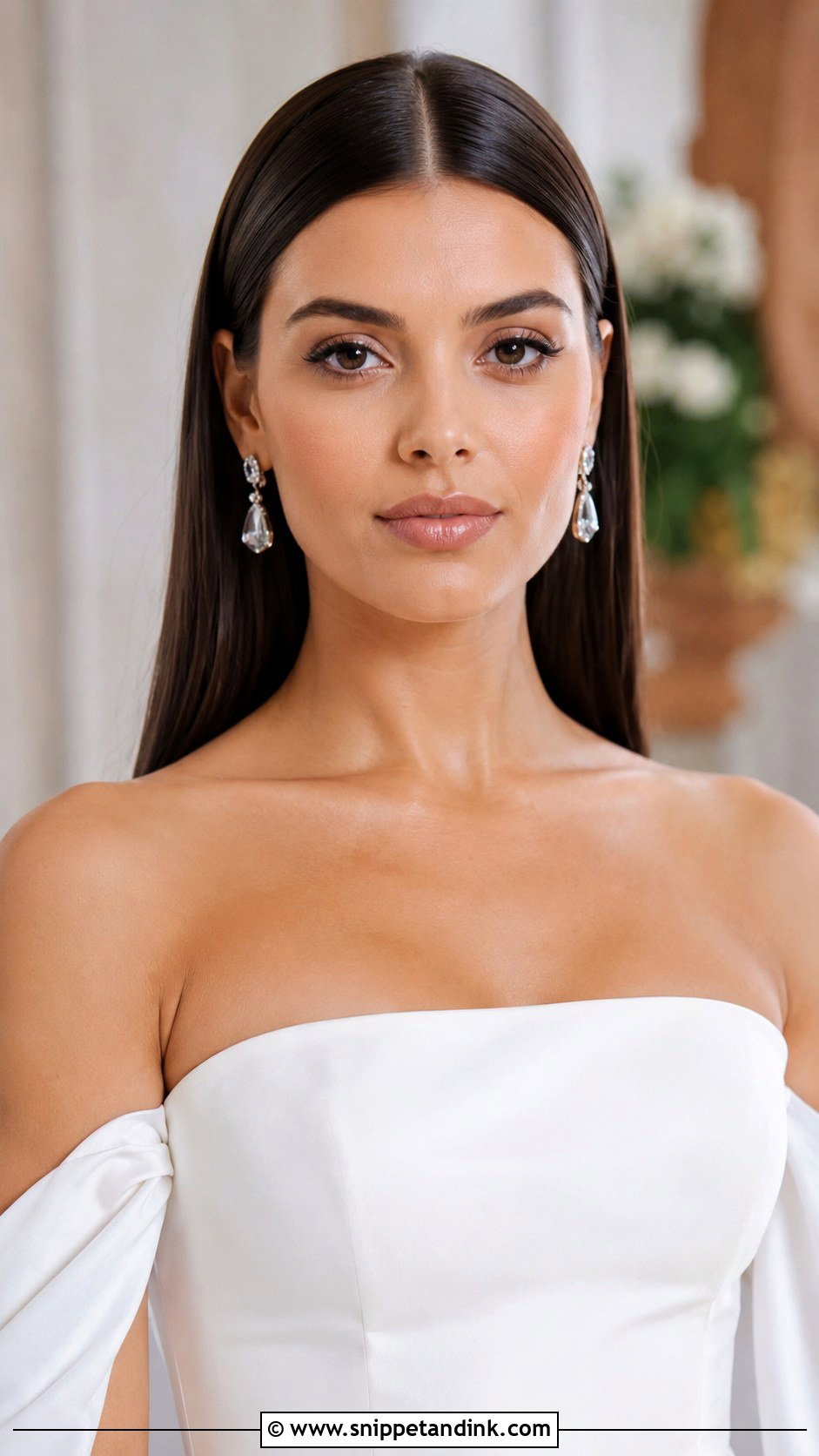Sleek Straight Hair With a Center Part - Snippet and Ink - 25 Wedding Hair Brunette Ideas
