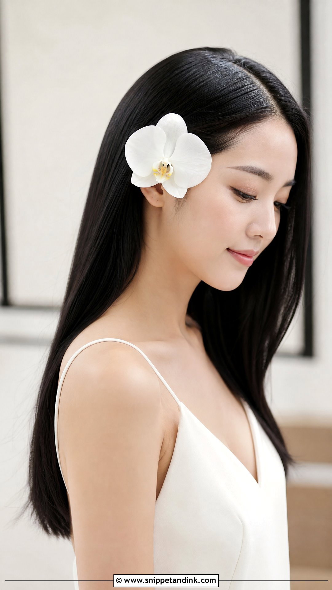 Sleek Straight Hair With a Single Bloom - Snippet and Ink - 20 Wedding Hair Down with Flowers