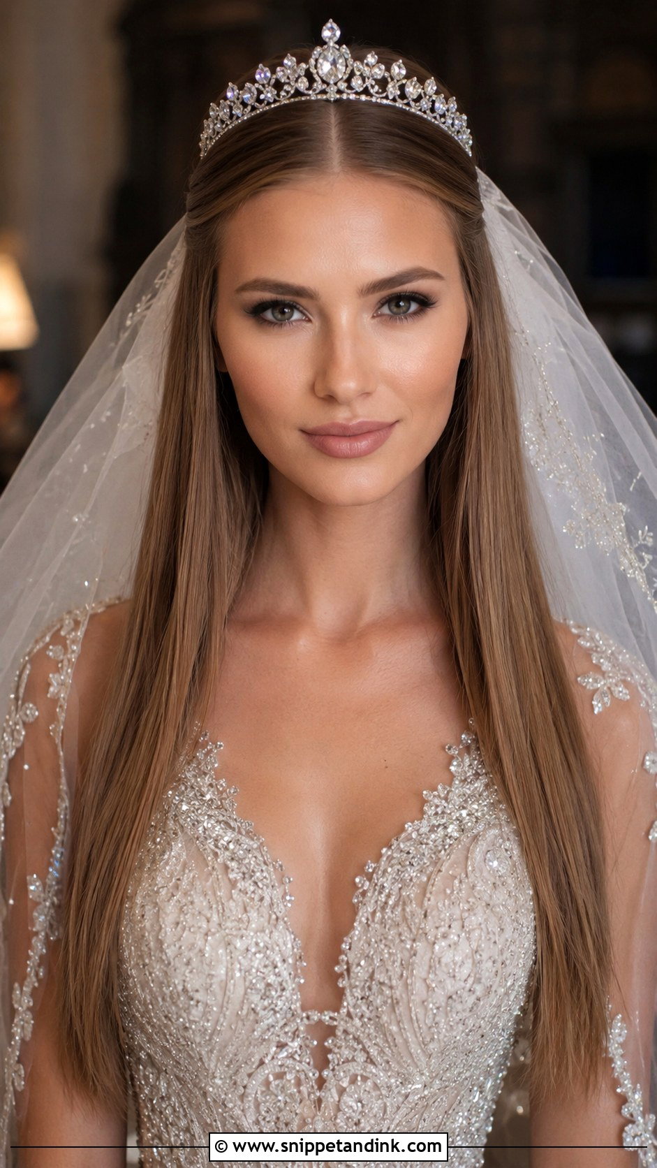Sleek Straight Hair With a Tiara - Snippet and Ink - 20 Sleek Bridal Hair Down Ideas