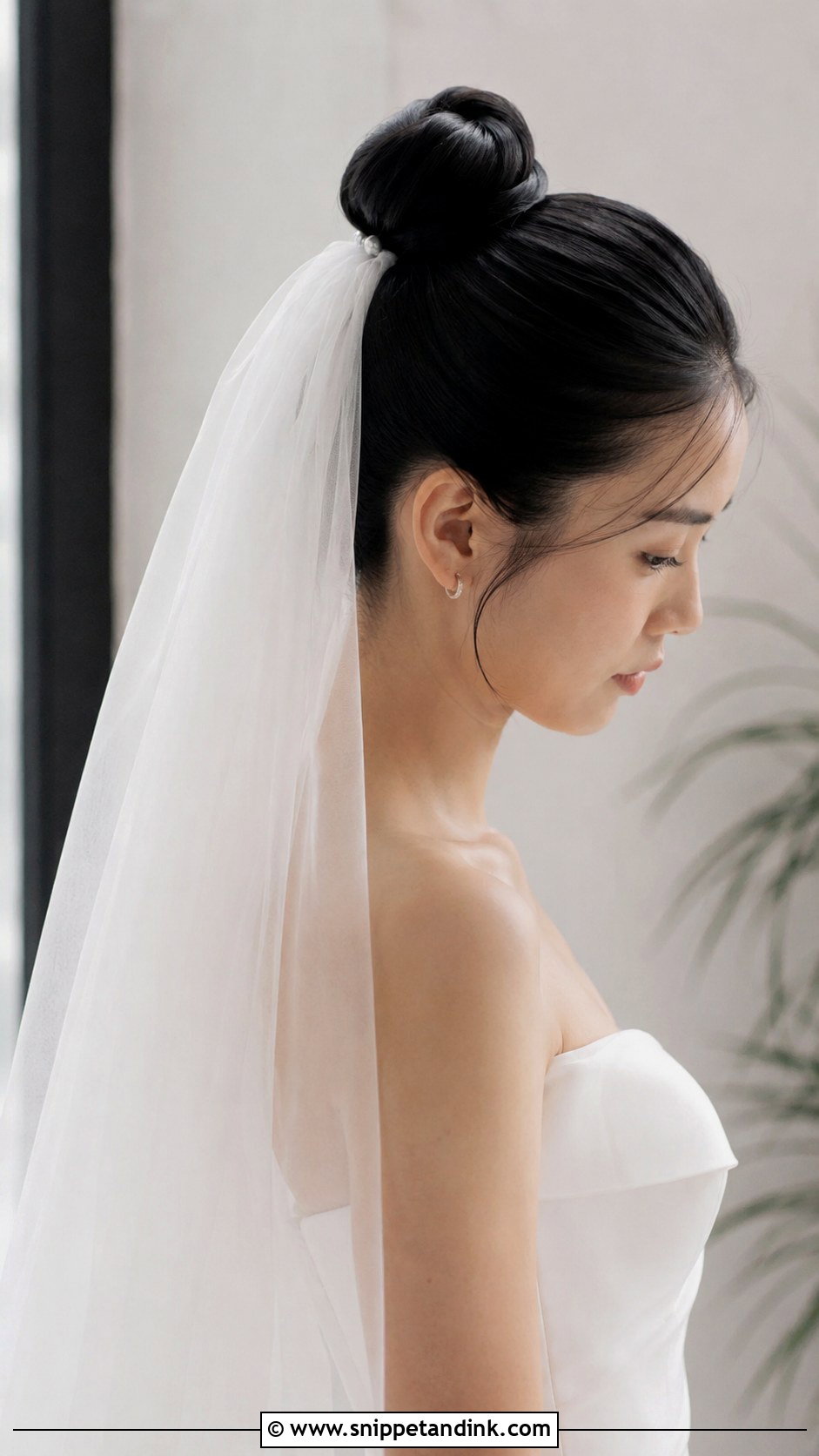Sleek Top Knot With Drop Veil - Snippet and Ink - 25 Updo with Veil Ideas