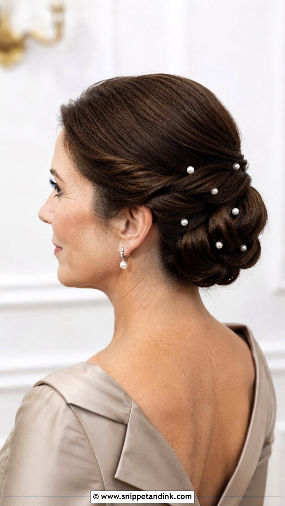 Sleek Twisted Bun With Pearl Accents - Snippet and Ink - 25 Mom Wedding Hair Ideas
