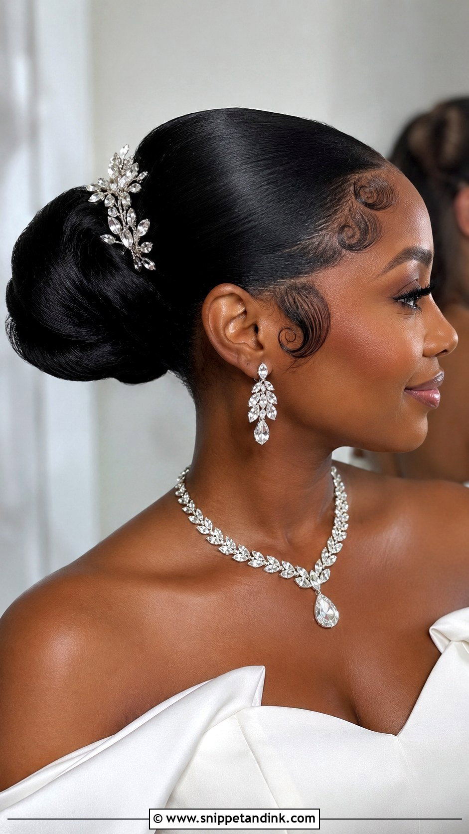 Sleek Updo With Baby Hair Swirls - Snippet and Ink - 25 Afro Bridal Hairstyles