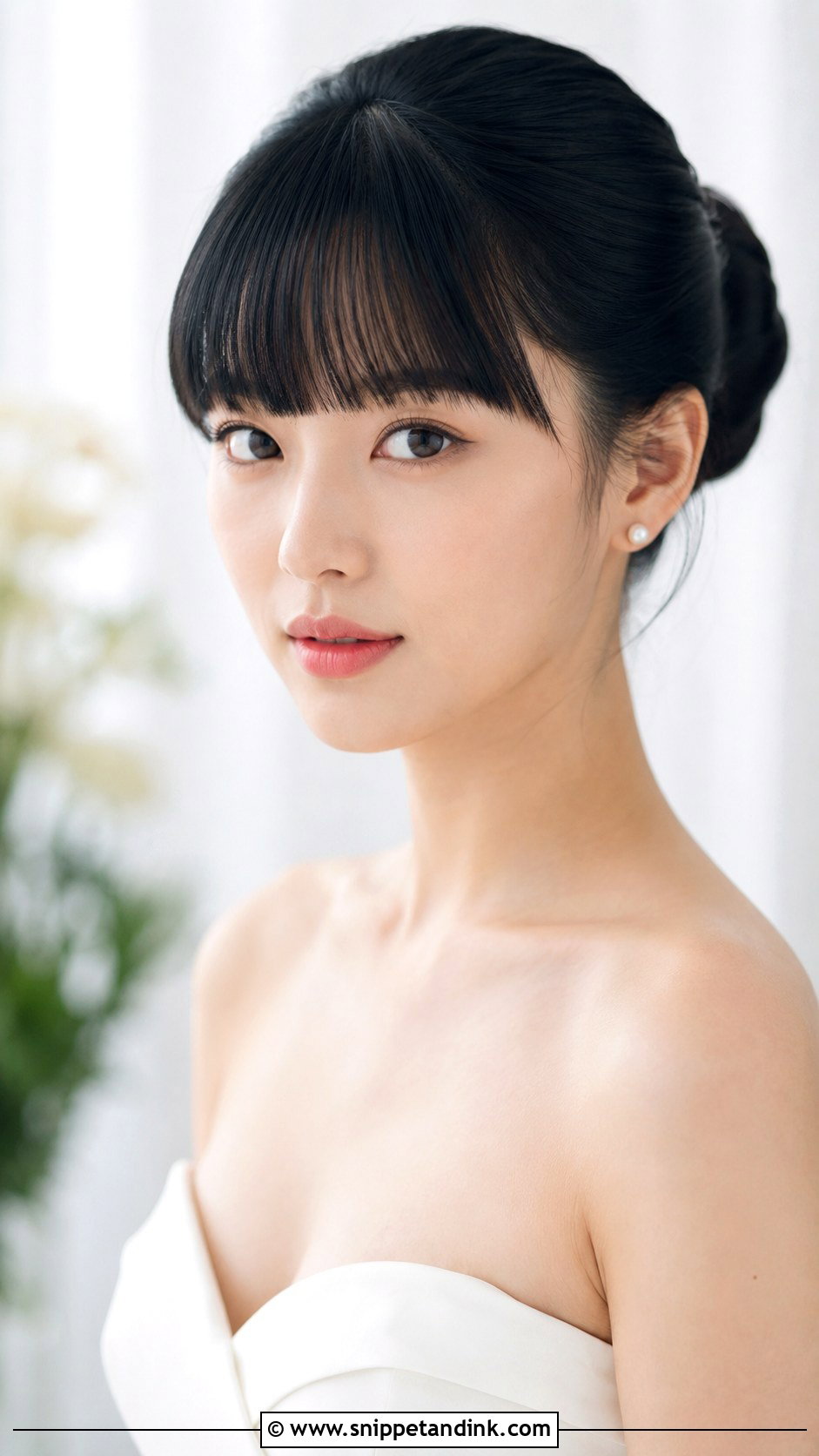 Sleek Updo With Blunt Bangs - Snippet and Ink - 25 Wedding Hairstyles with Bangs