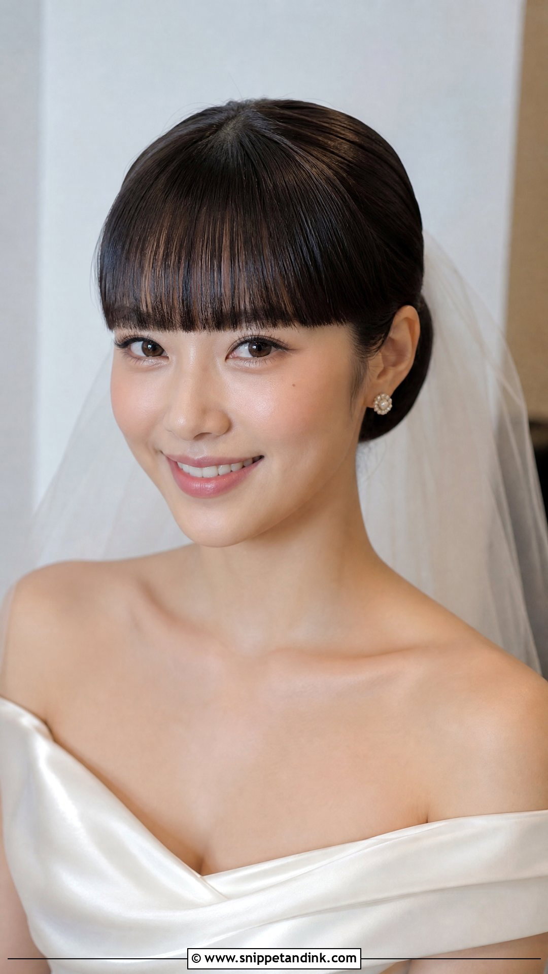 Sleek Wedding Bun With Blunt Bangs - Snippet and Ink - 20 Wedding Hairstyle Bangs