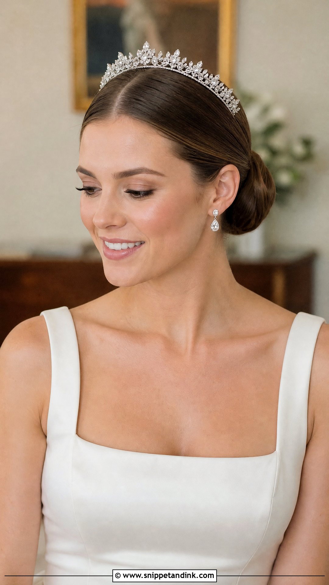 Sleek Wedding Bun With Tiara - Snippet and Ink - 20 Wedding Hairstyle with Tiara Ideas