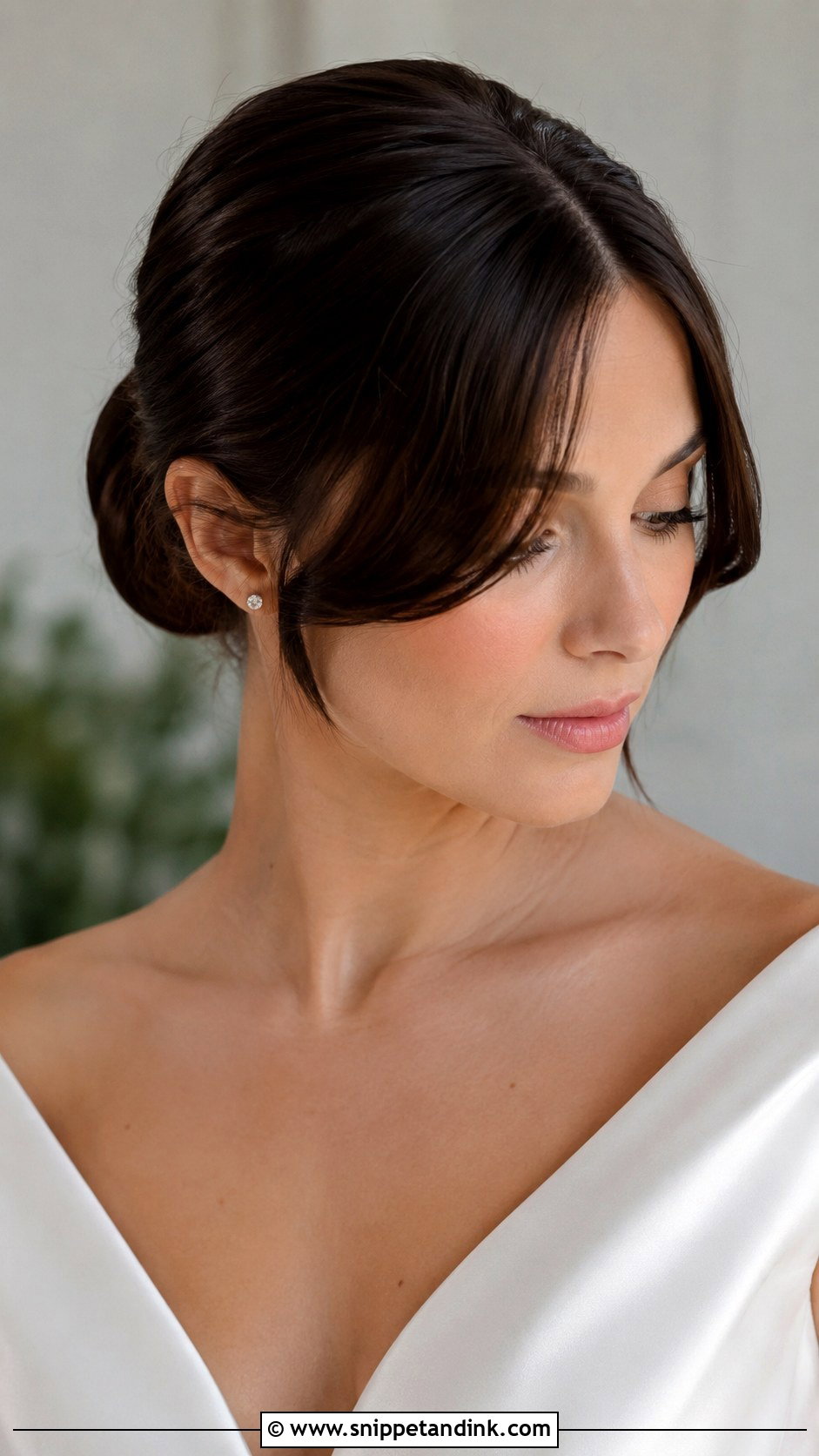 Sleek Wedding Updo With Curtain Bangs - Snippet and Ink - 15 Wedding Updo with Curtain Bangs Ideas