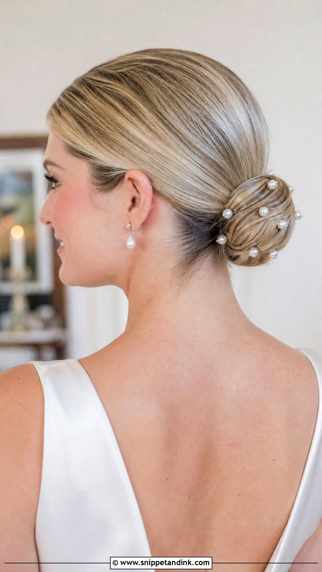 Slick Back Pearl Bun Wedding Hairstyle - Snippet and Ink - 20 Slick Back Updo Wedding Hairstyles