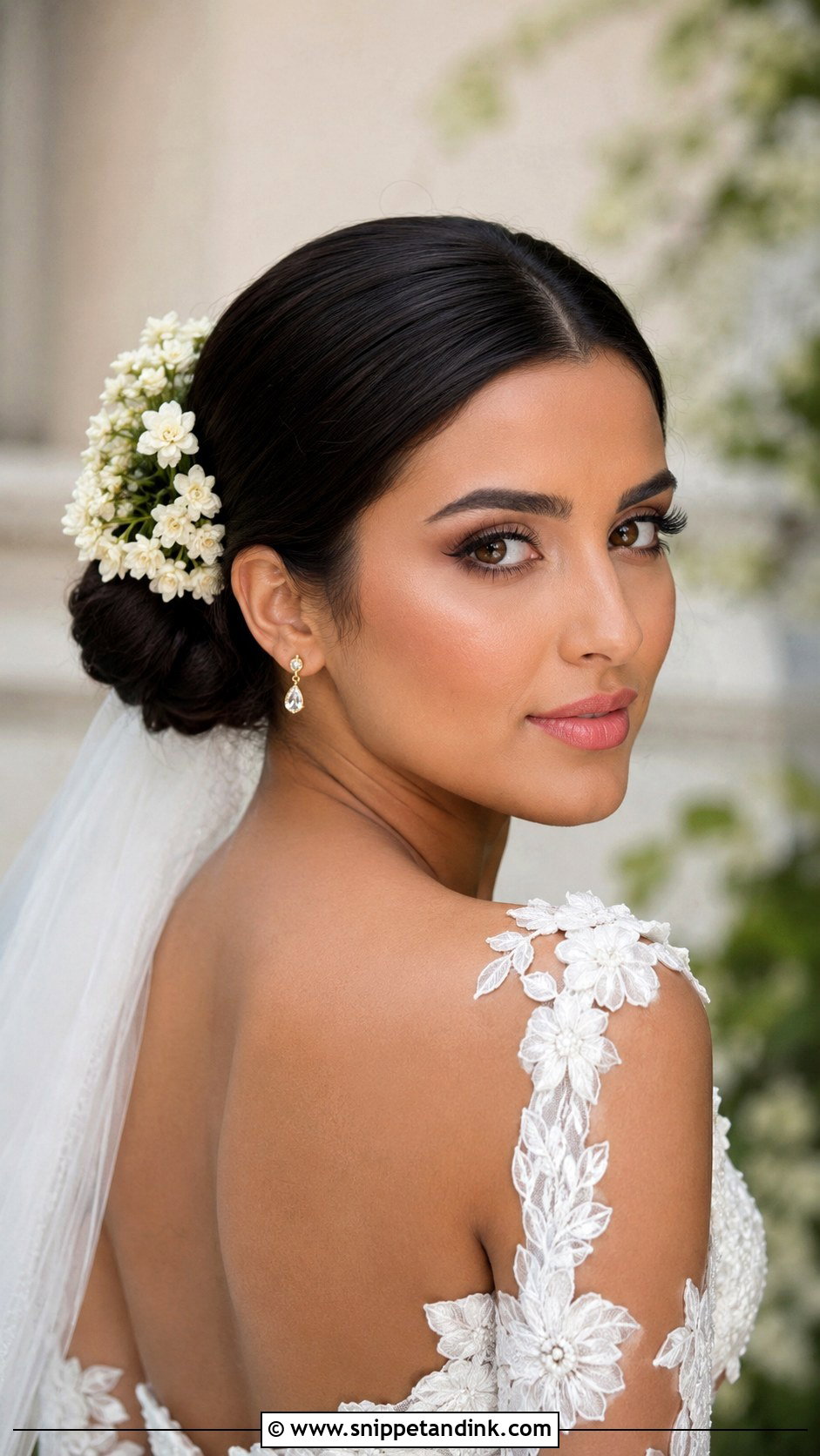 Slick Bun Bridal Hair With Flowers - Snippet and Ink - 15 Slick Bun Bridal Hair Ideas