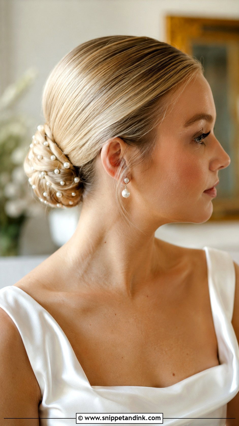 Slick Bun Bridal Hair With Pearls - Snippet and Ink - 15 Slick Bun Bridal Hair Ideas