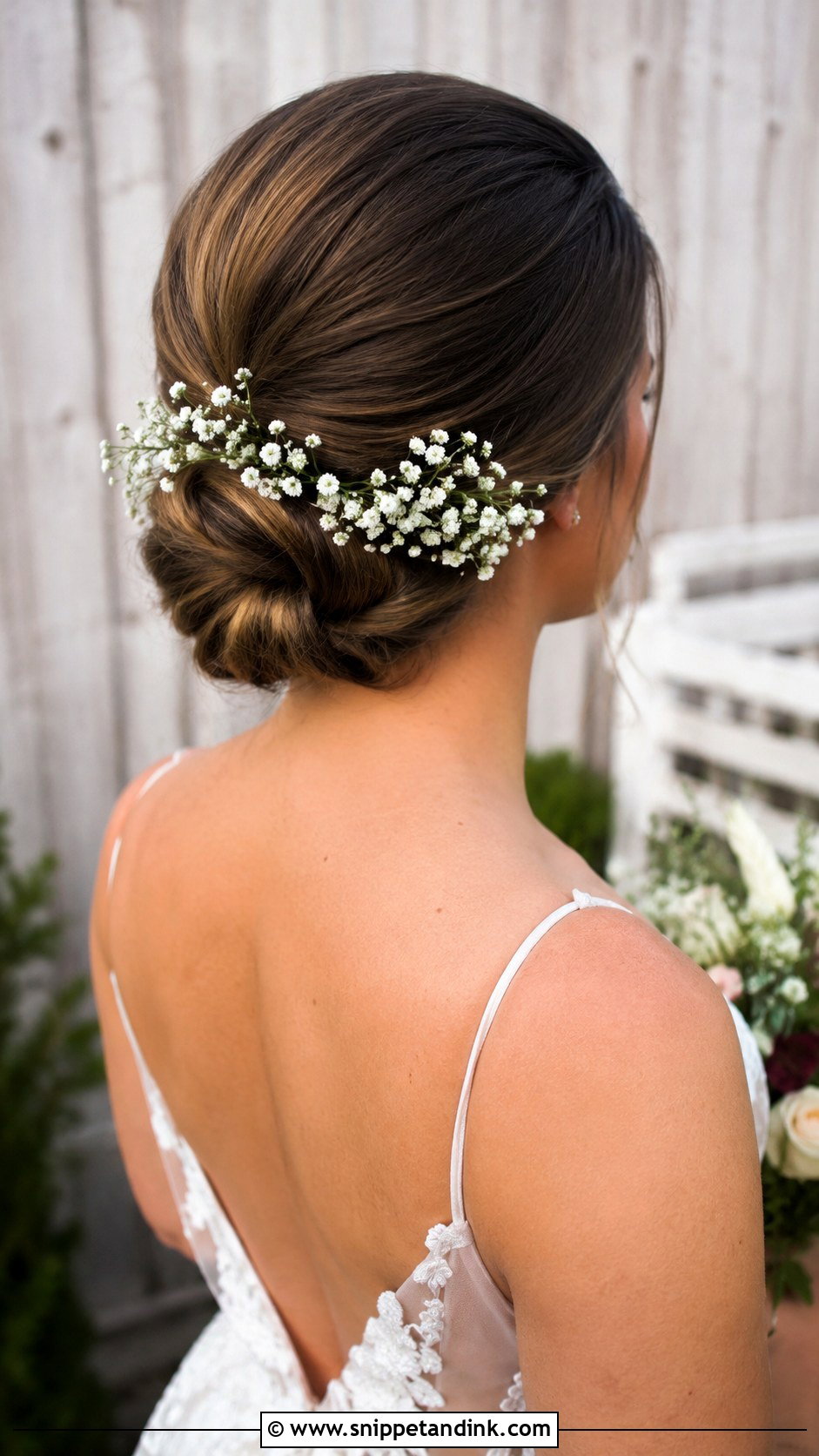 Slick Bun With Babys Breath Wedding Hairstyle - Snippet and Ink - 25 Slick Bun Wedding Hairstyles
