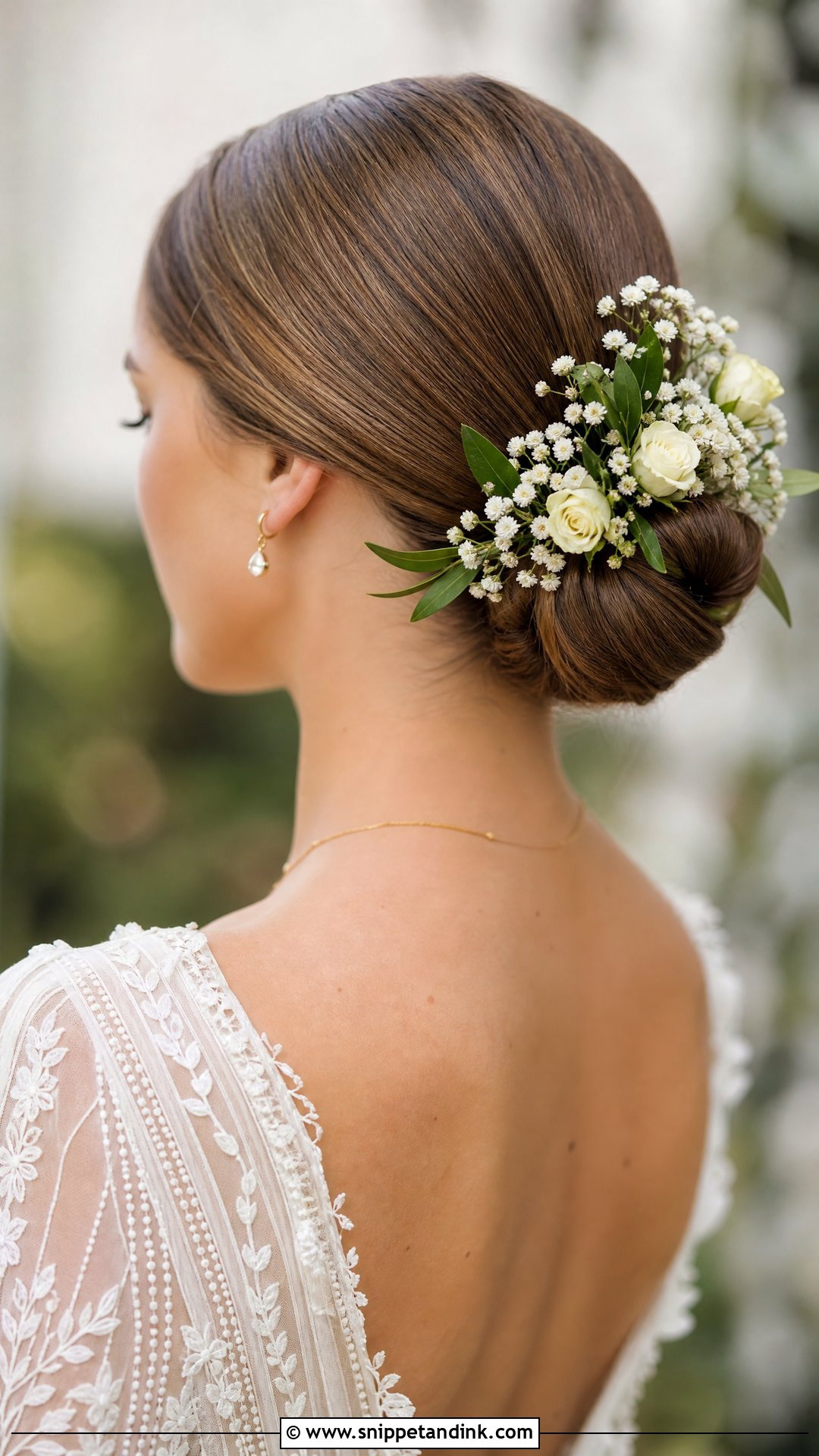 Slick Bun With Flowers - Snippet and Ink - 20 Slick Bun Wedding Ideas