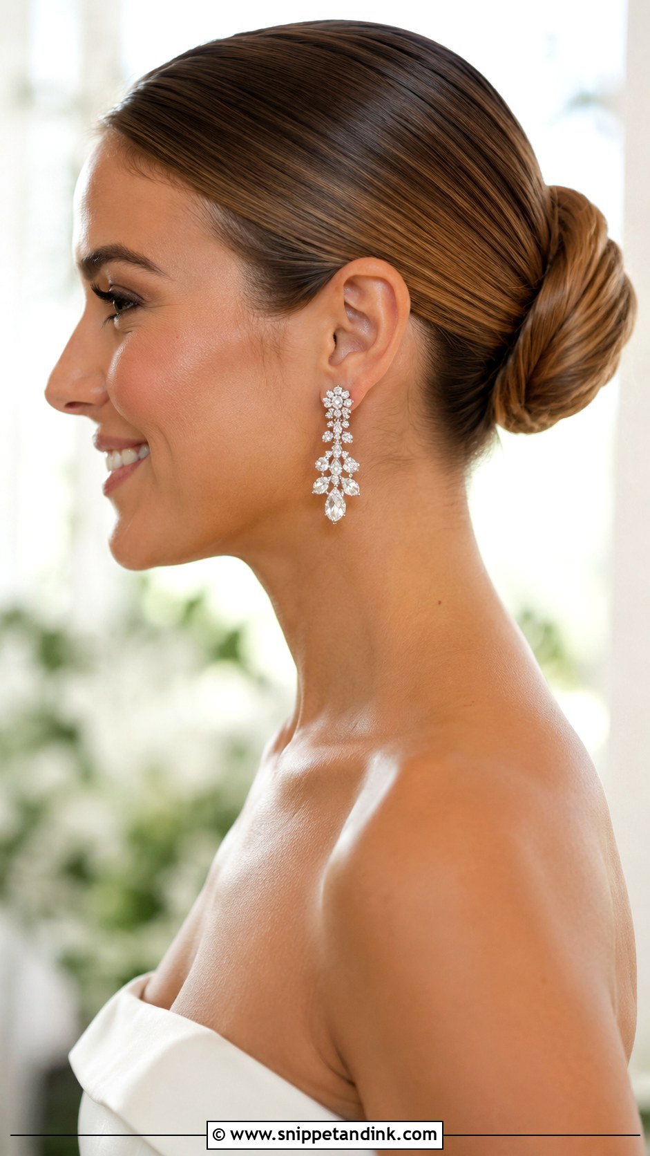 Slick Bun With Statement Earrings Wedding Hairstyle - Snippet and Ink - 25 Slick Bun Wedding Hairstyles