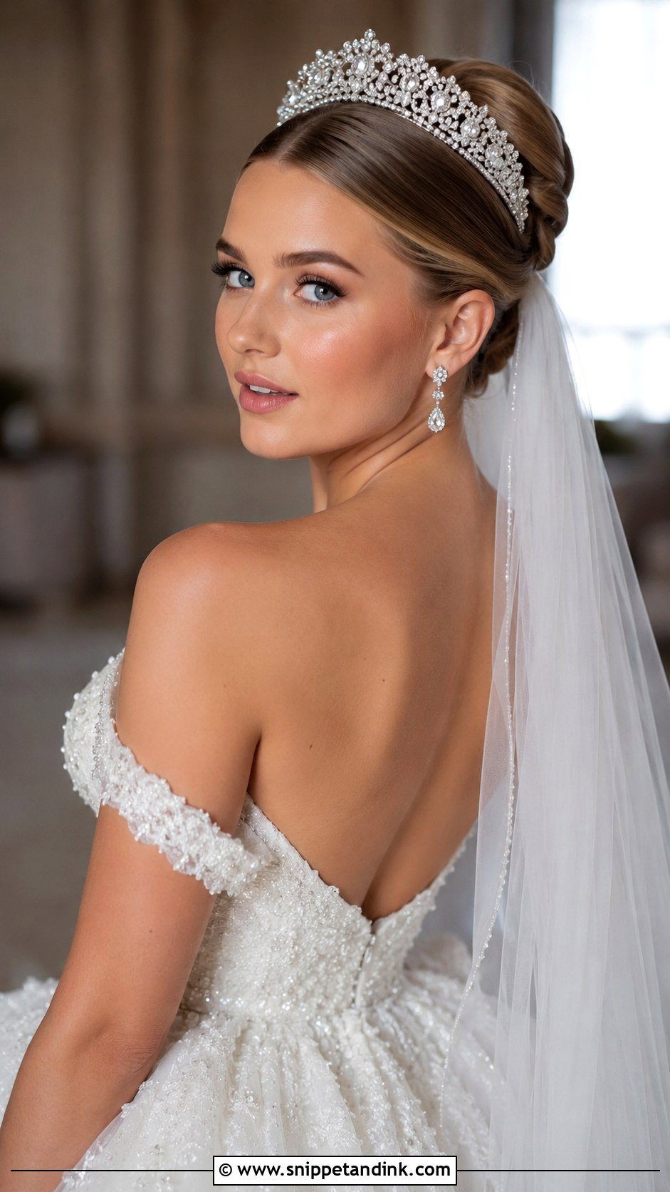 Slick Bun With Tiara Wedding Hairstyle - Snippet and Ink - 25 Slick Bun Wedding Hairstyles