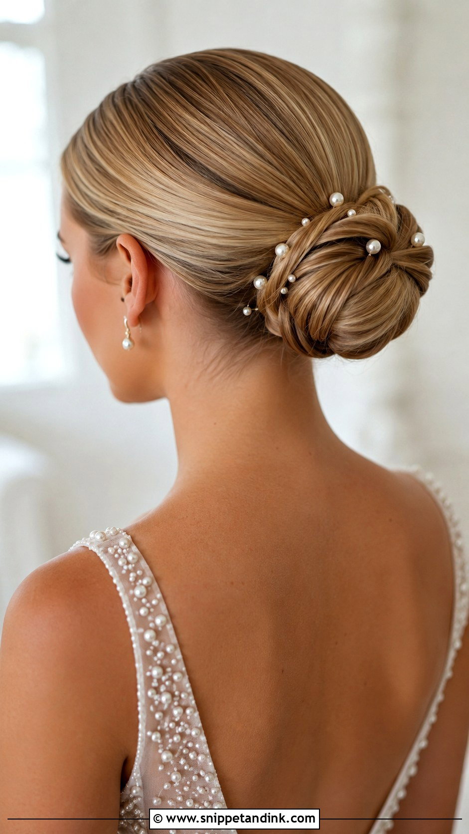 Slick Low Bun With Pearl Pins Wedding Hair - Snippet and Ink - 15 Slick Low Bun Wedding Hair Ideas