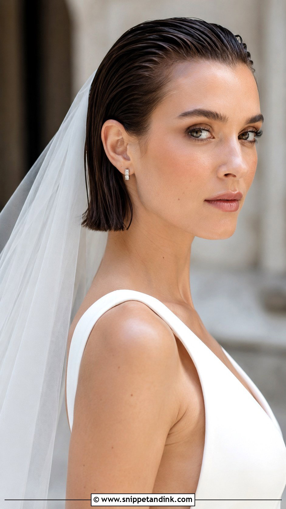 Slicked Back Bob With a Veil - Snippet and Ink - 25 Hair Styles for Short Hair Wedding