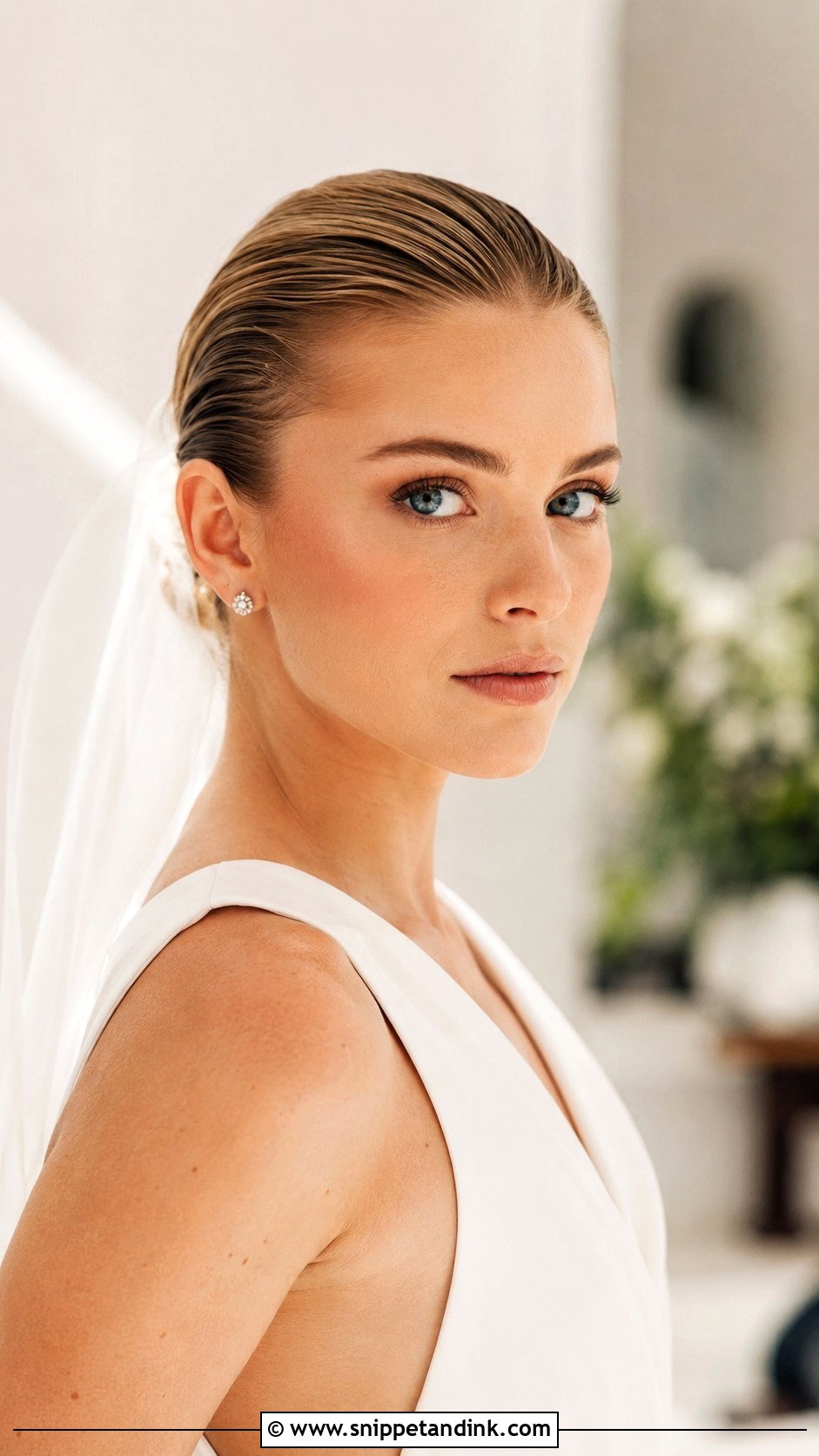 Slicked Back Bridal Hairstyle for Medium Hair - Snippet and Ink - 25 Mid Length Bridal Hair Ideas