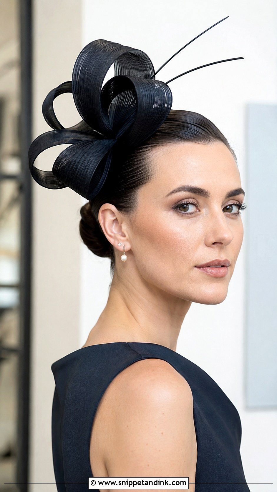 Slicked Back Bun With Bold Fascinator - Snippet and Ink - 25 Facinators Wedding Hairstyles