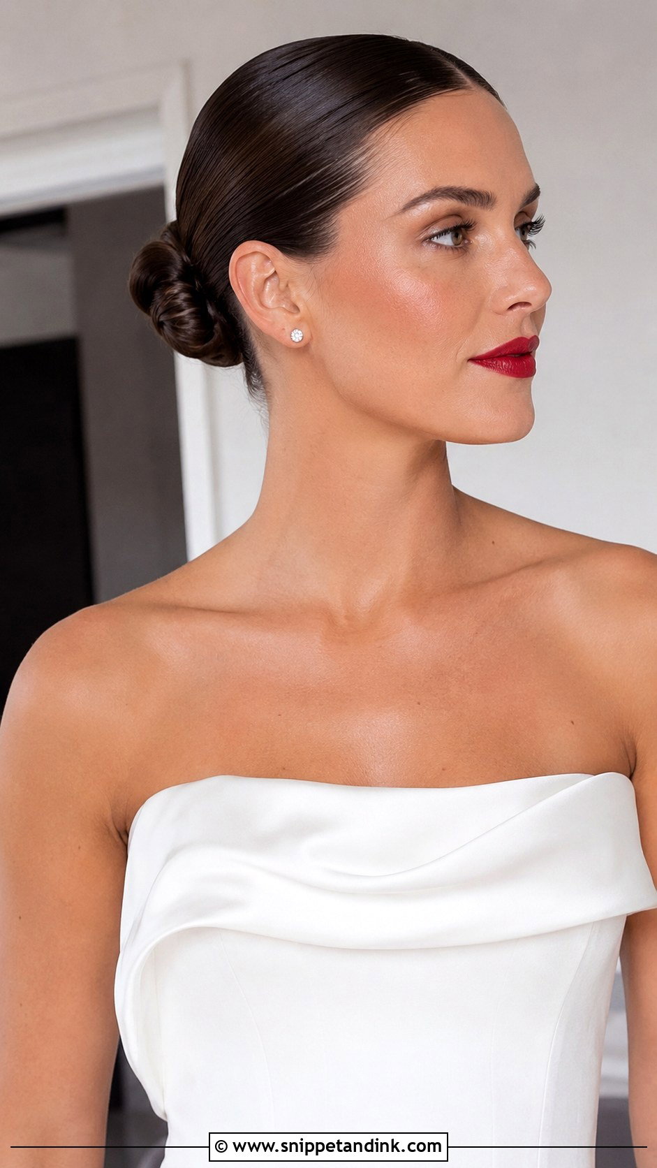 Slicked Back Bun With Bold Lip - Snippet and Ink - 20 Slicked Back Bun Wedding Hair Ideas