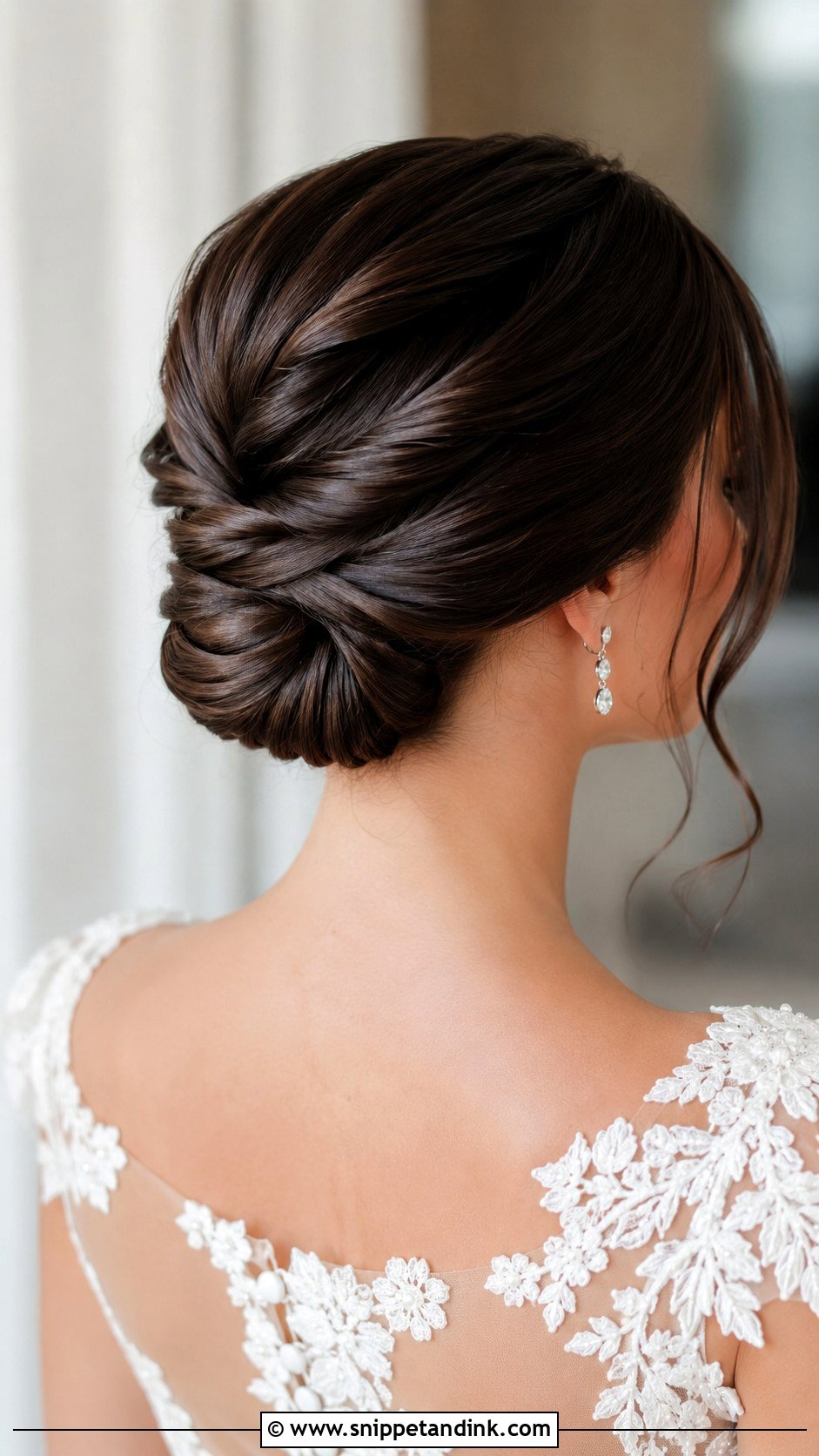 Slicked Back Bun With Center Part And Earrings - Snippet and Ink - 20 Slicked Back Bun Wedding Hair Ideas