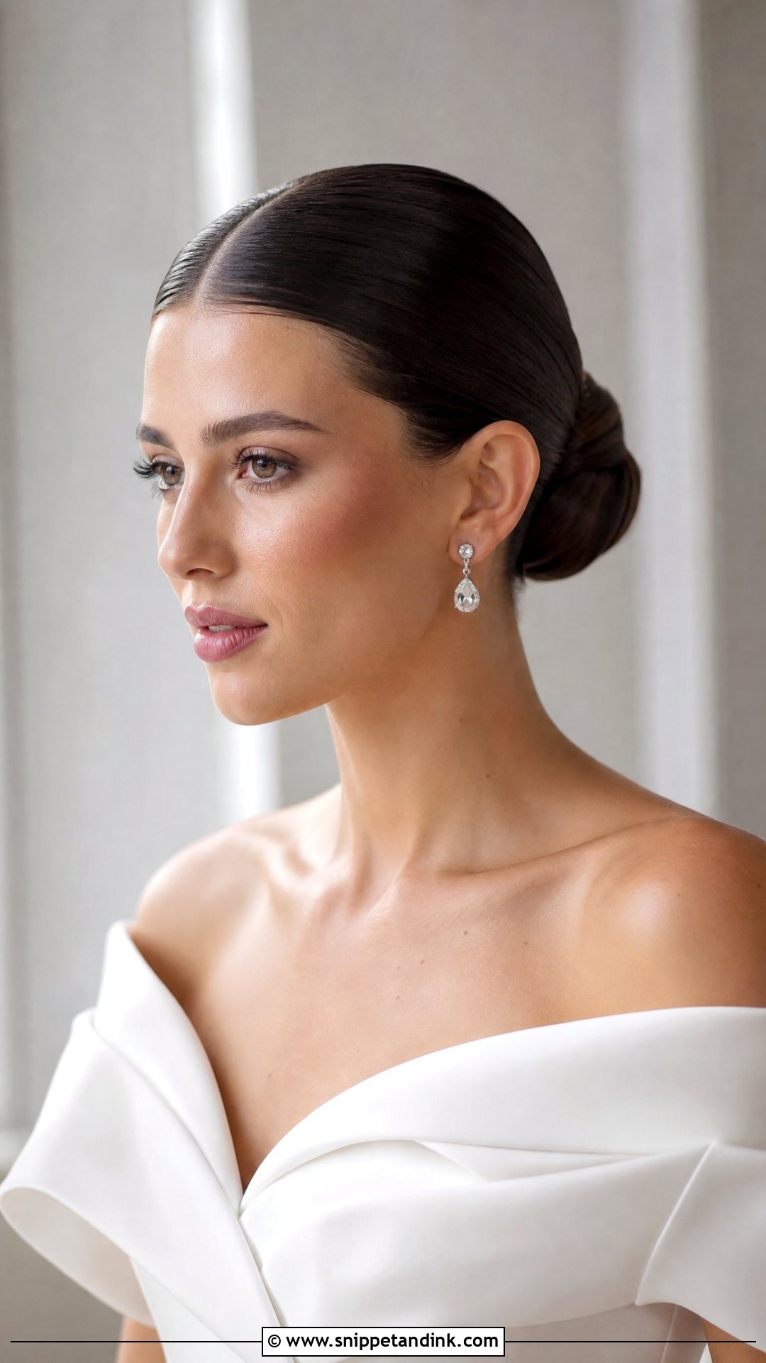 Slicked Back Bun With Center Part - Snippet and Ink - 20 Wedding Hairstyles Front View