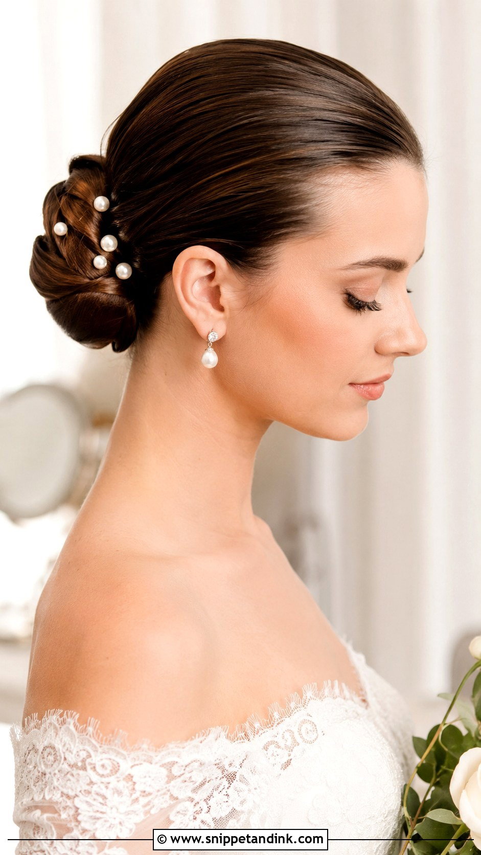 Slicked Back Bun With Pearls - Snippet and Ink - 25 Slick Back Wedding Hair Ideas