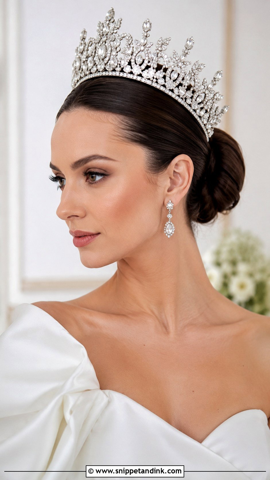 Slicked Back Bun With Statement Crown - Snippet and Ink - 30 Wedding Hairstyles with Crown