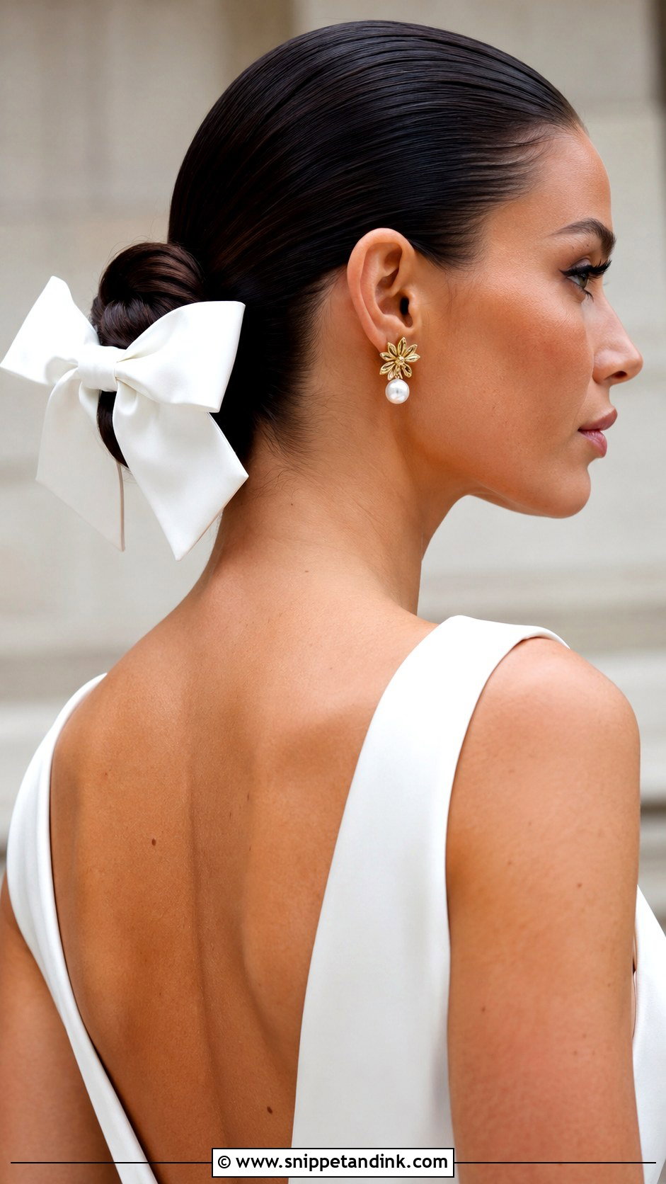 Slicked Back Bun With Structured Bow - Snippet and Ink - 25 Wedding Hair Bow Ideas
