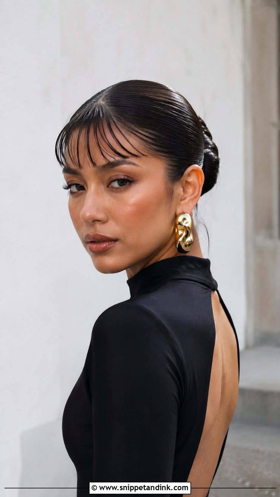 Slicked Back Bun with Baby Bangs - Snippet and Ink - 25 Wedding Guest Hairstyles with Bangs