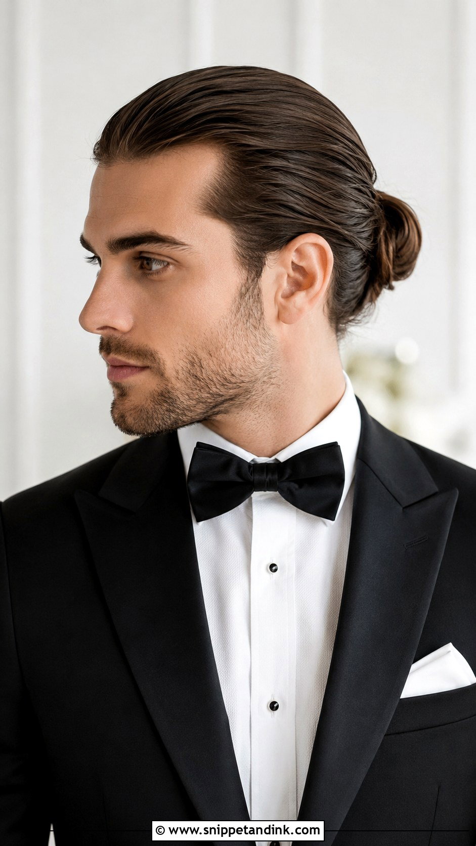 Slicked Back Man Bun - Snippet and Ink - 20 Long Hair Groom Ideas
