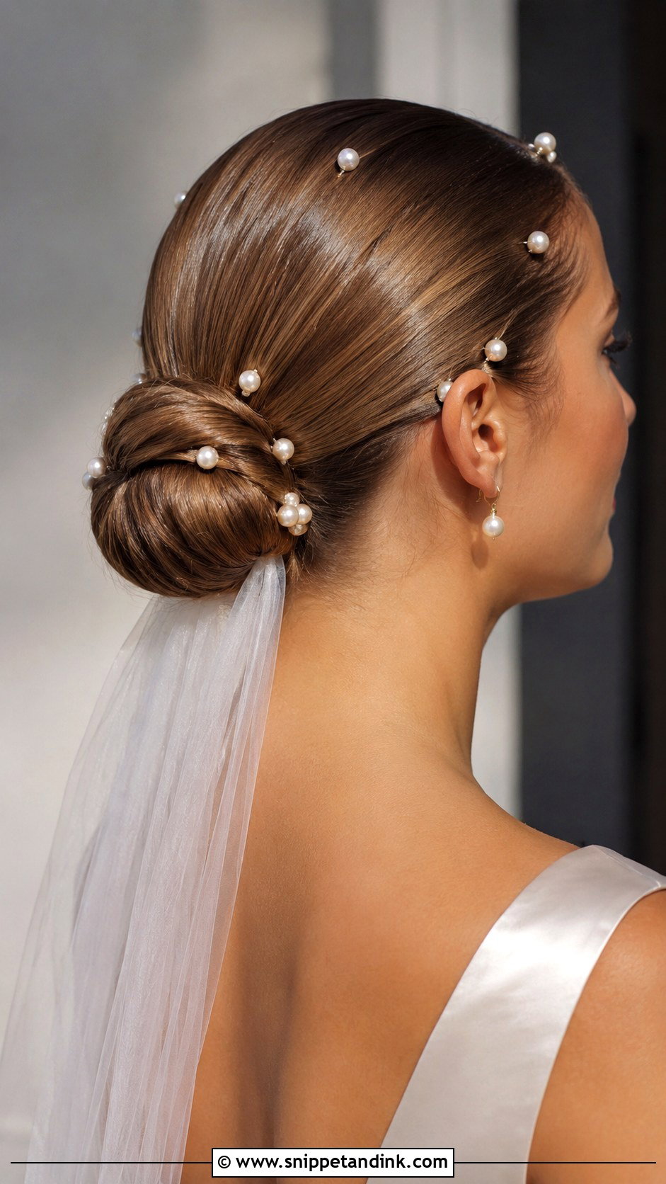 Slicked Back Pearl Bun - Snippet and Ink - 15 Slicked Back Bridal Hair Ideas